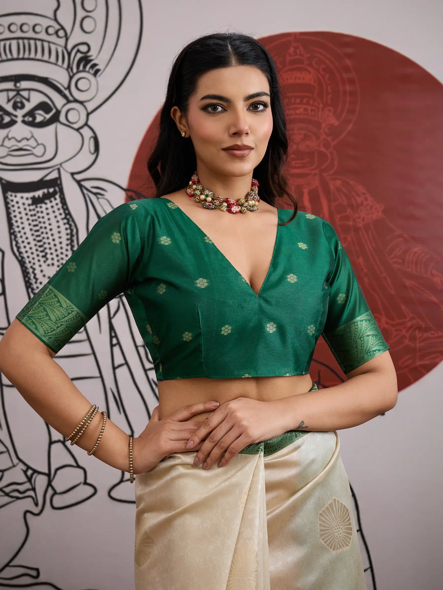 Beige-Green Paper Silk Zari Weaving Saree