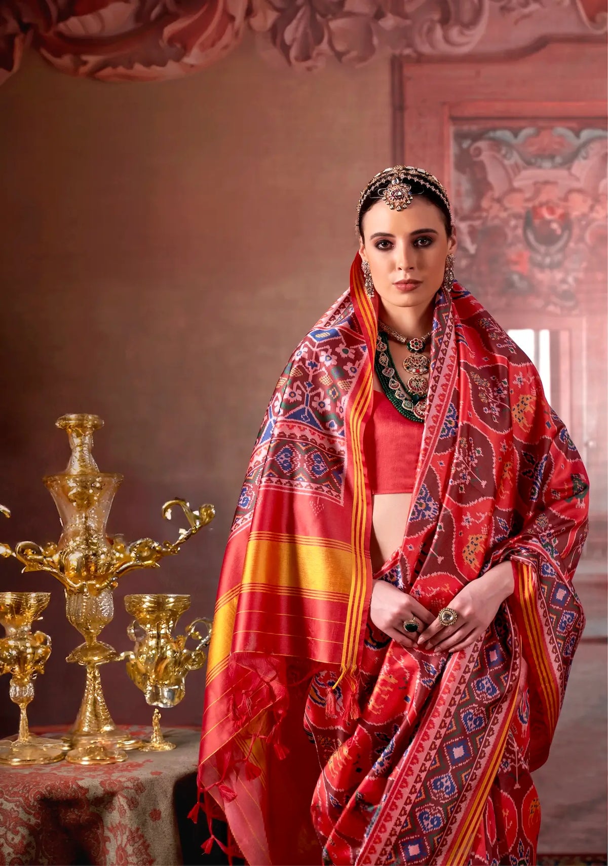 Coral Red-Brown Patan Patola Saree