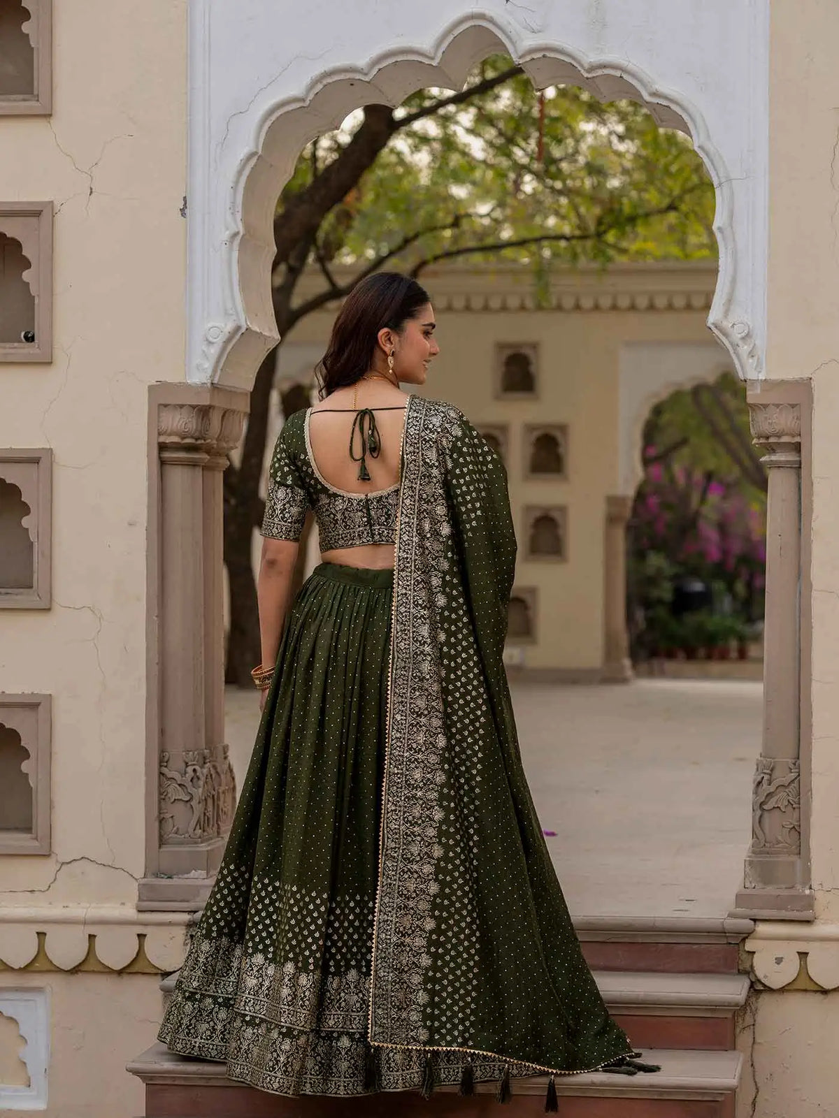Mehndi Lehenga With Foil Print & Swarovski