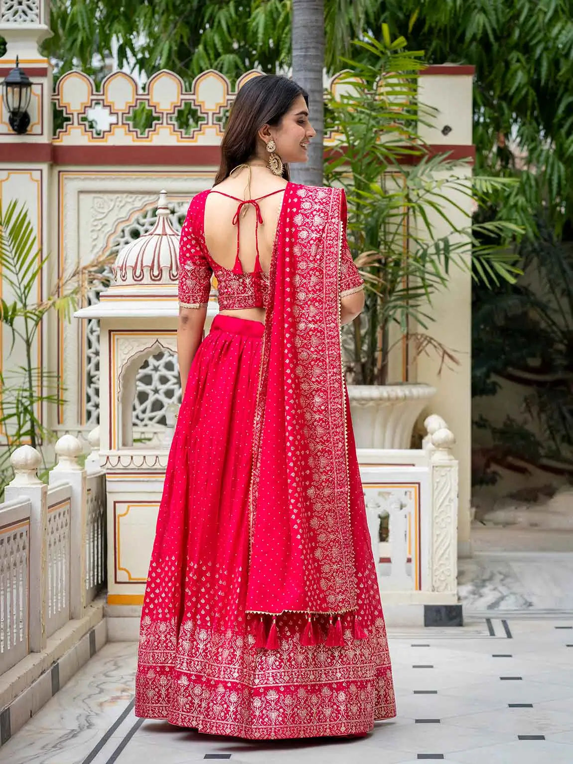 Rani Pink Lehenga With Foil Print & Swarovski