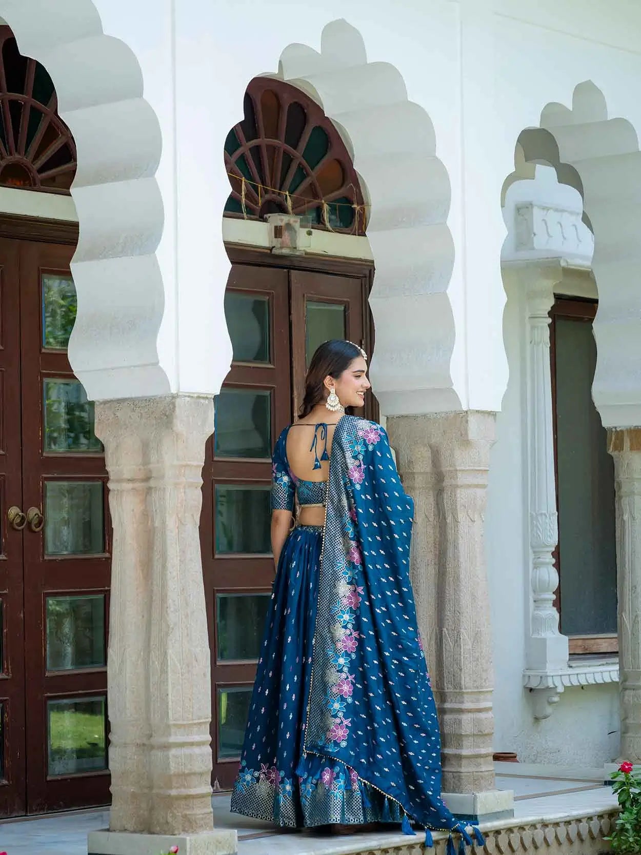 Teal Blue Multi Color Foil Print Lehenga Choli