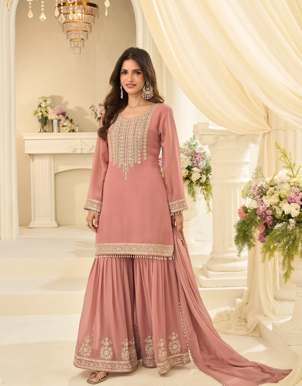 Peach Georgette Embroidered Sharara Suit with Sequins Work & Matching Dupatta