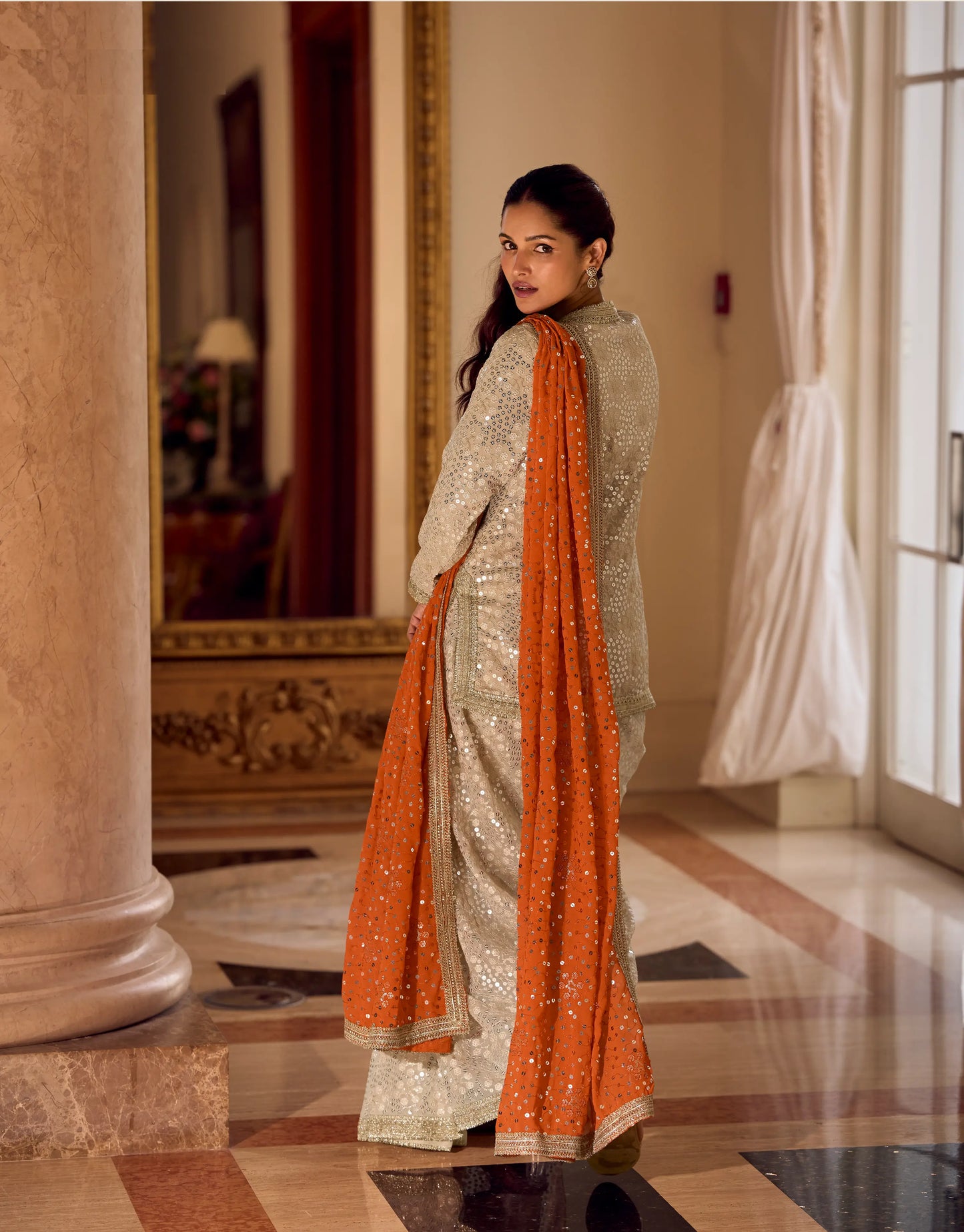 Cream Georgette Embroidered Kurta Dhoti Set with Orange Dupatta