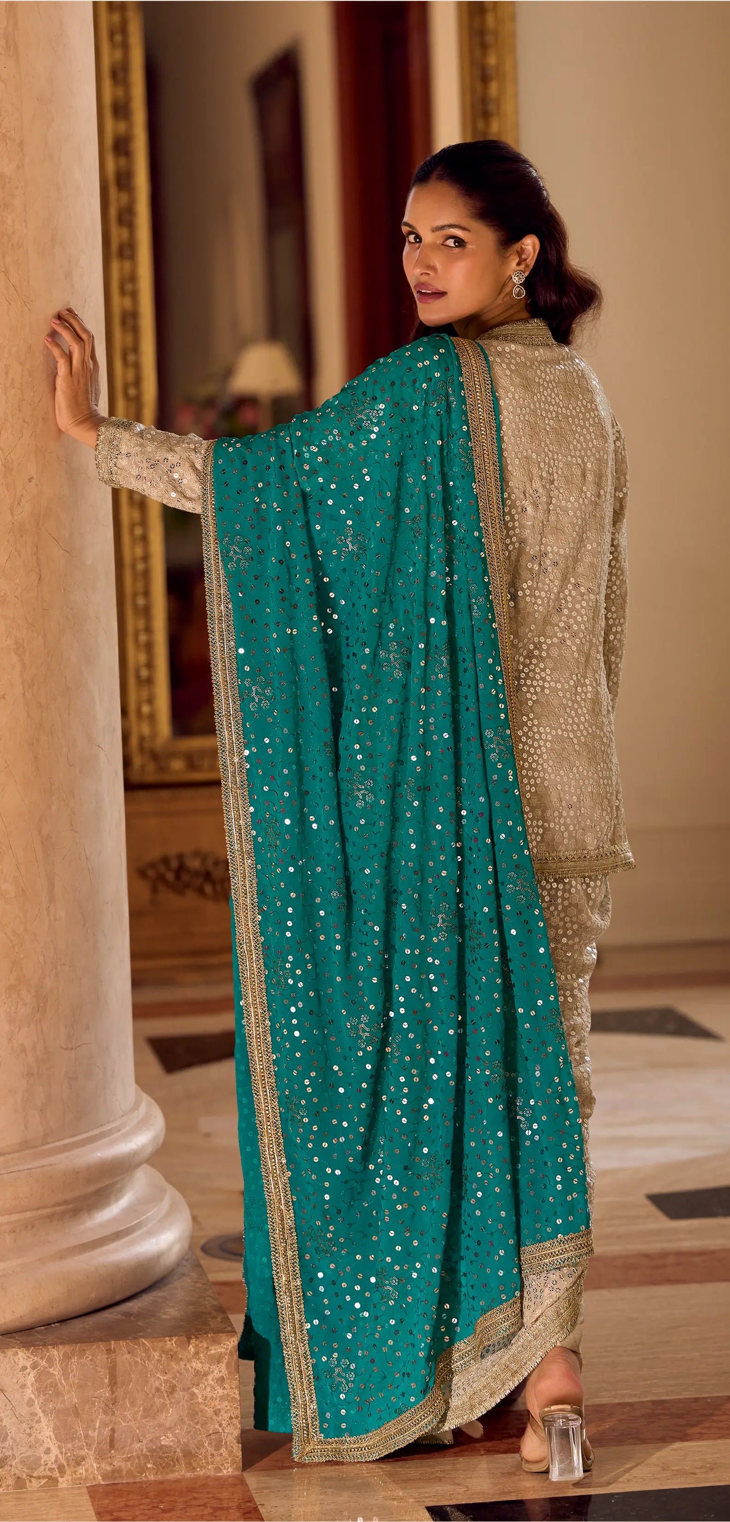 Cream Georgette Embroidered Kurta Dhoti Set with Rama Green Dupatta