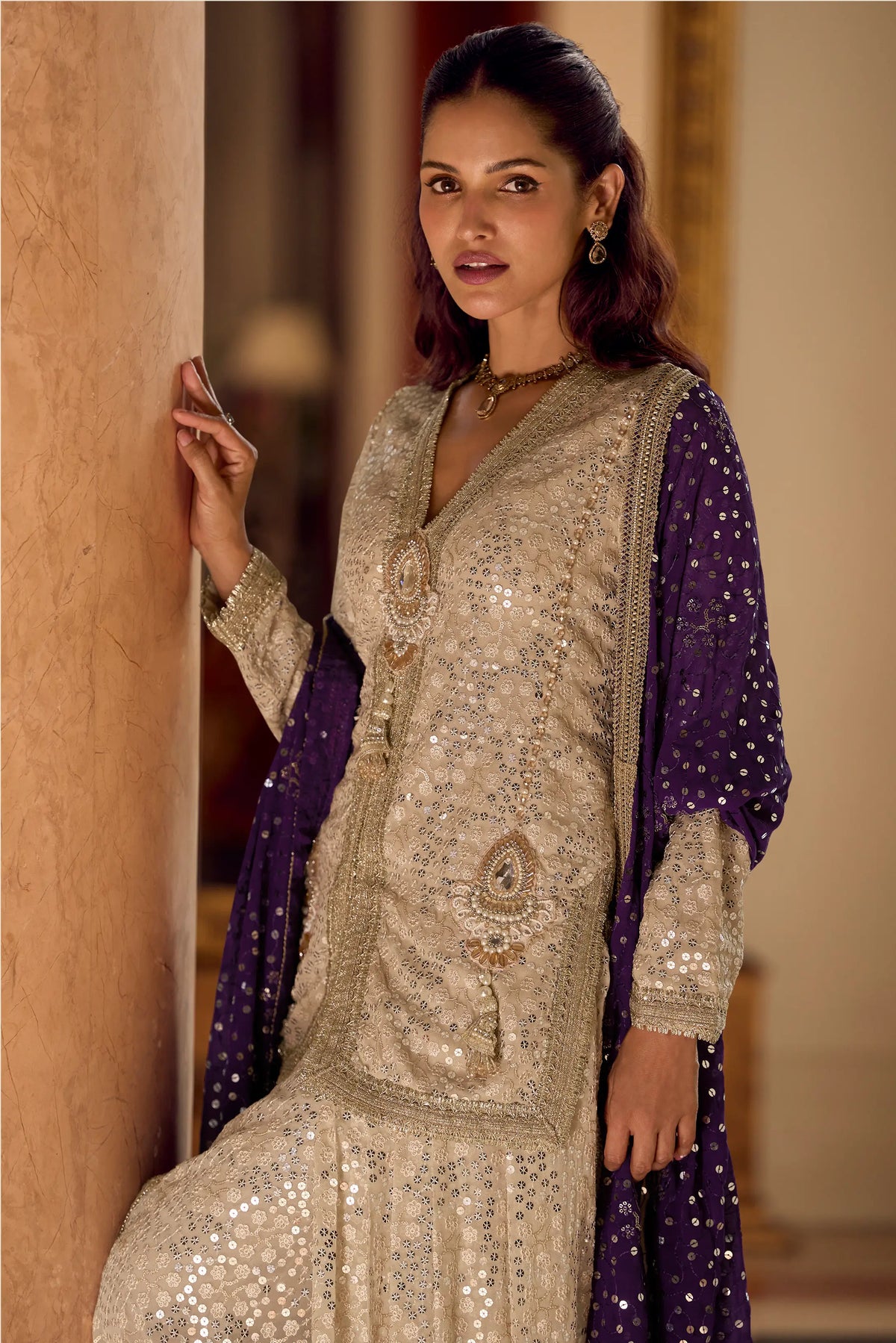 Cream Georgette Embroidered Kurta Dhoti Set with Purple Dupatta
