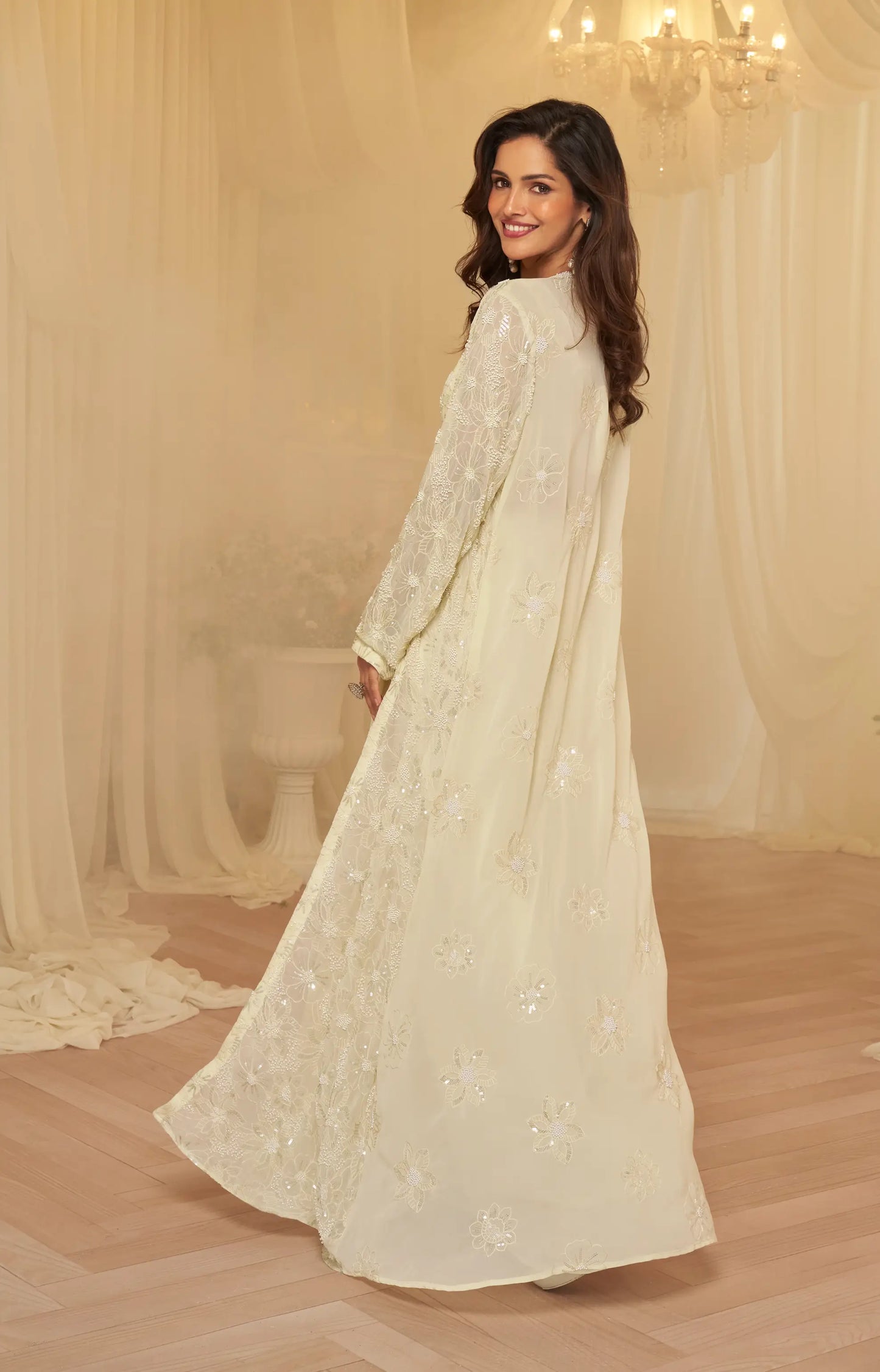 Luxury Cream Georgette Embroidered Indo-Western Set with Long Shrug