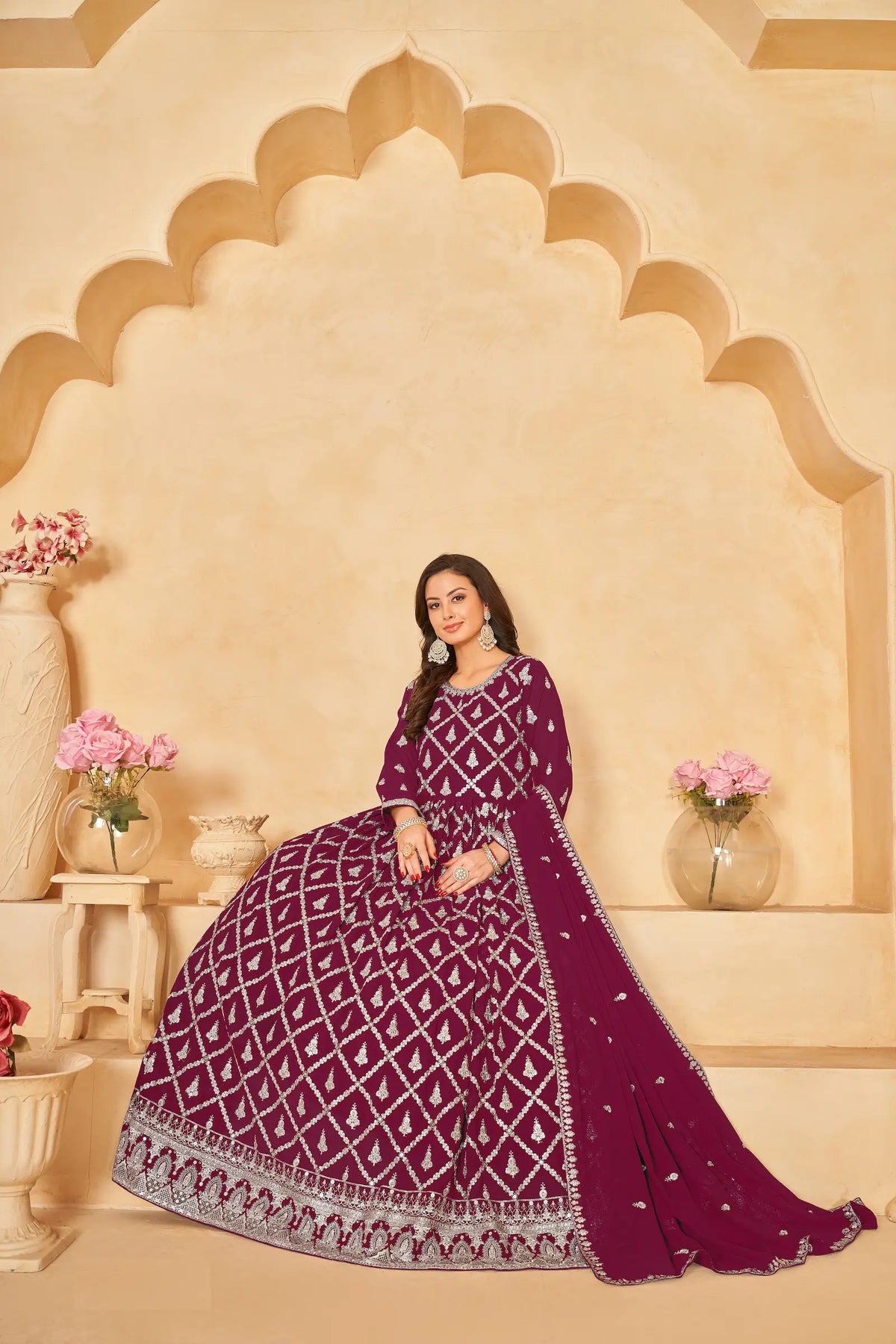Dark Red Georgette Gown With Sequins & Thread Embroidery Work
