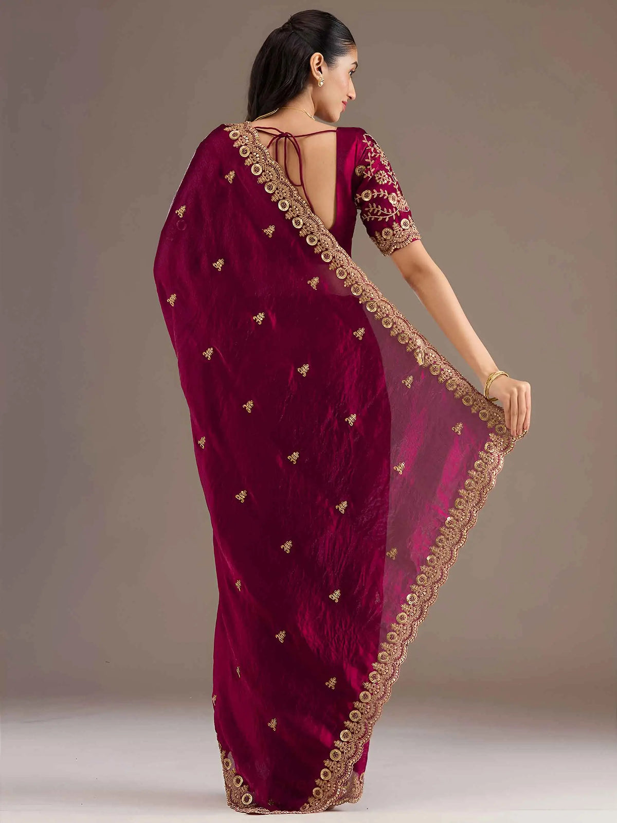 Maroon Embroidery Pearl Work Tissue Saree