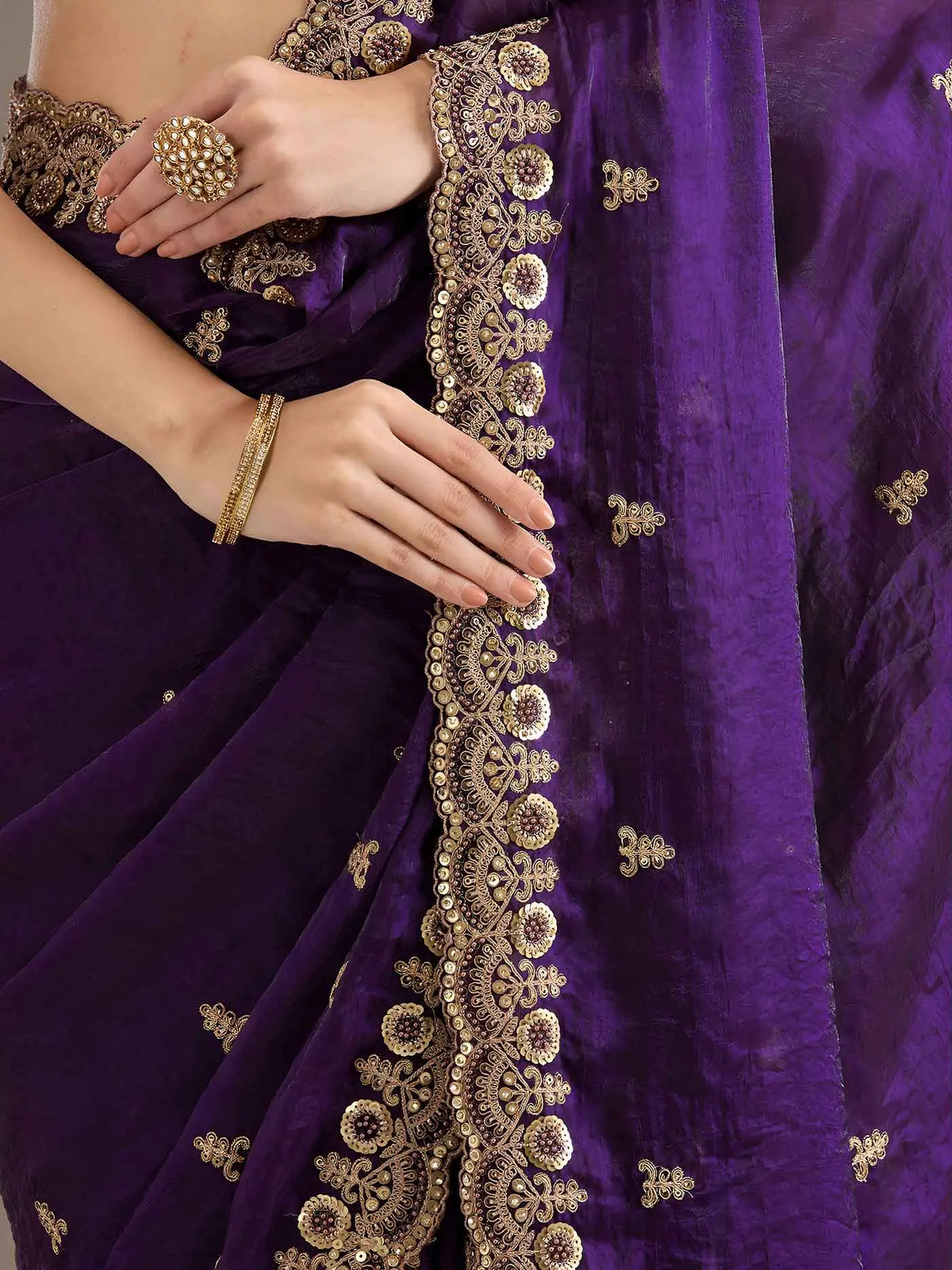 Purple Embroidery Pearl Work Tissue Saree