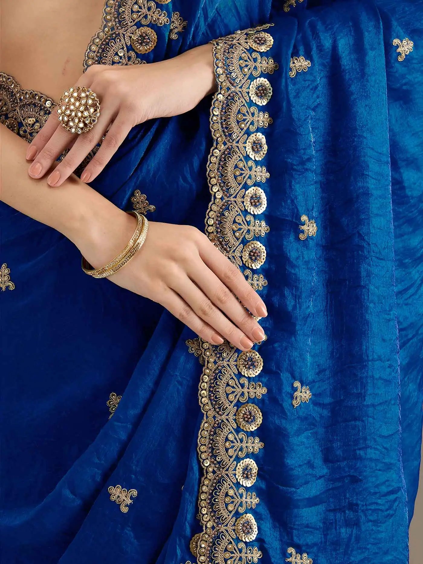 Royal Blue Embroidery Pearl Work Tissue Saree