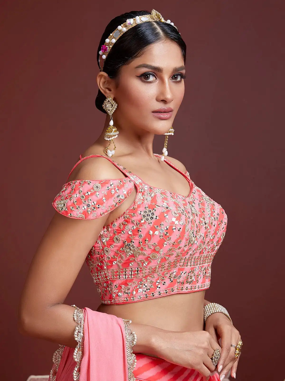 Peach Organza Lehenga With Heavy Embroidery Zari And Sequins Work