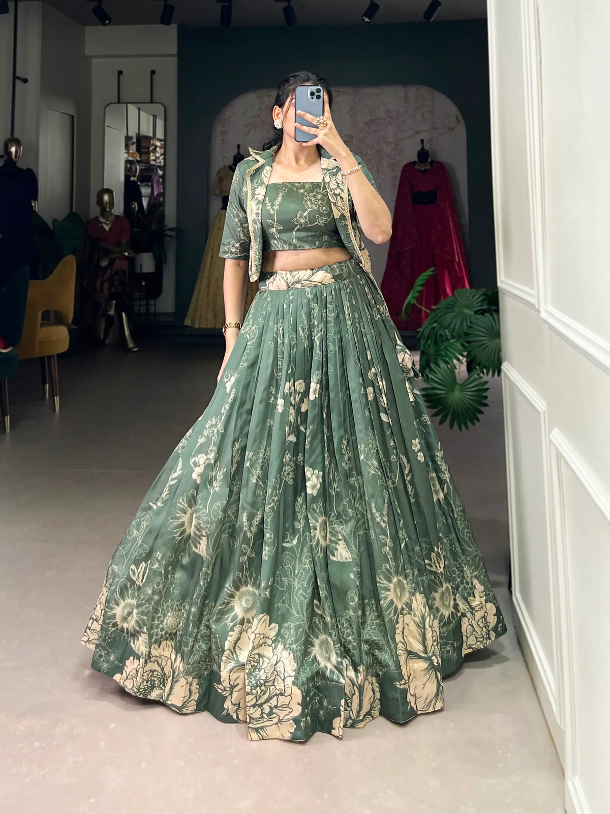 Dusty Green Tussar Silk Floral Printed Indo Western Set