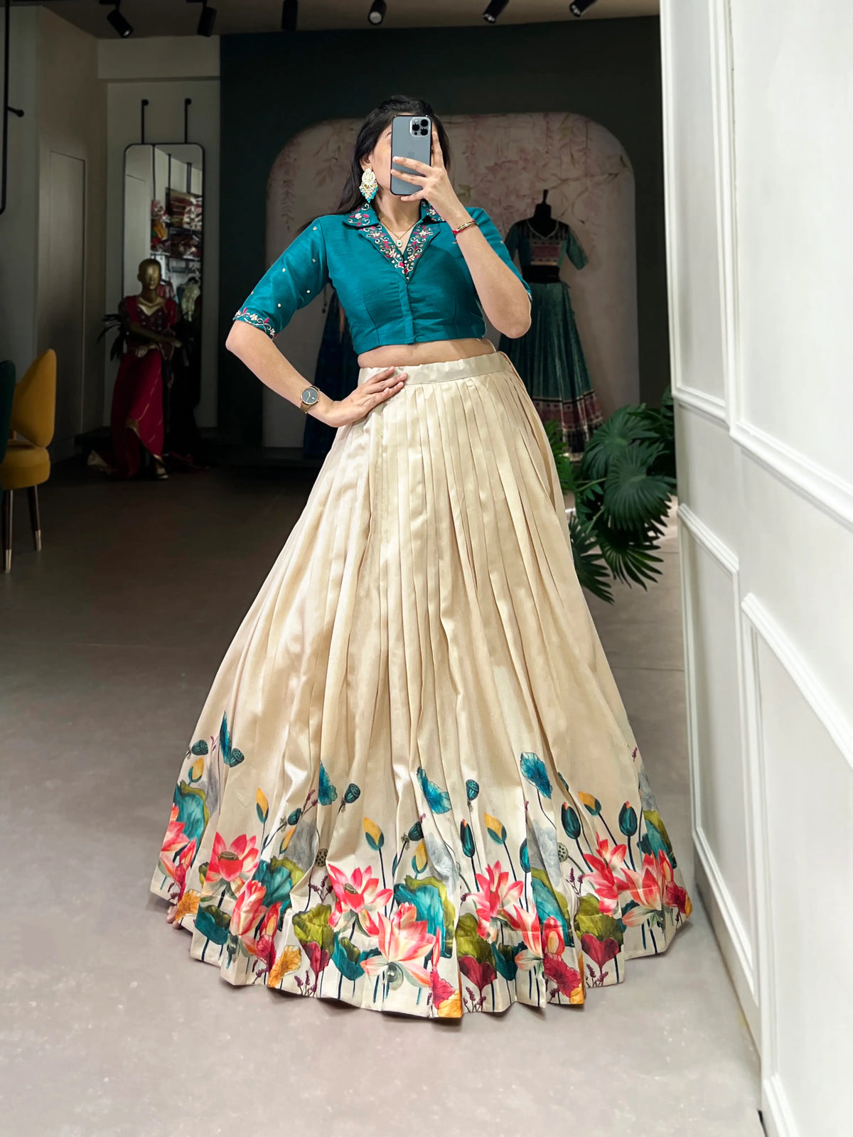 Off White Tussar Silk Indo Western Set With Floral Print, Mirror & Hand Work