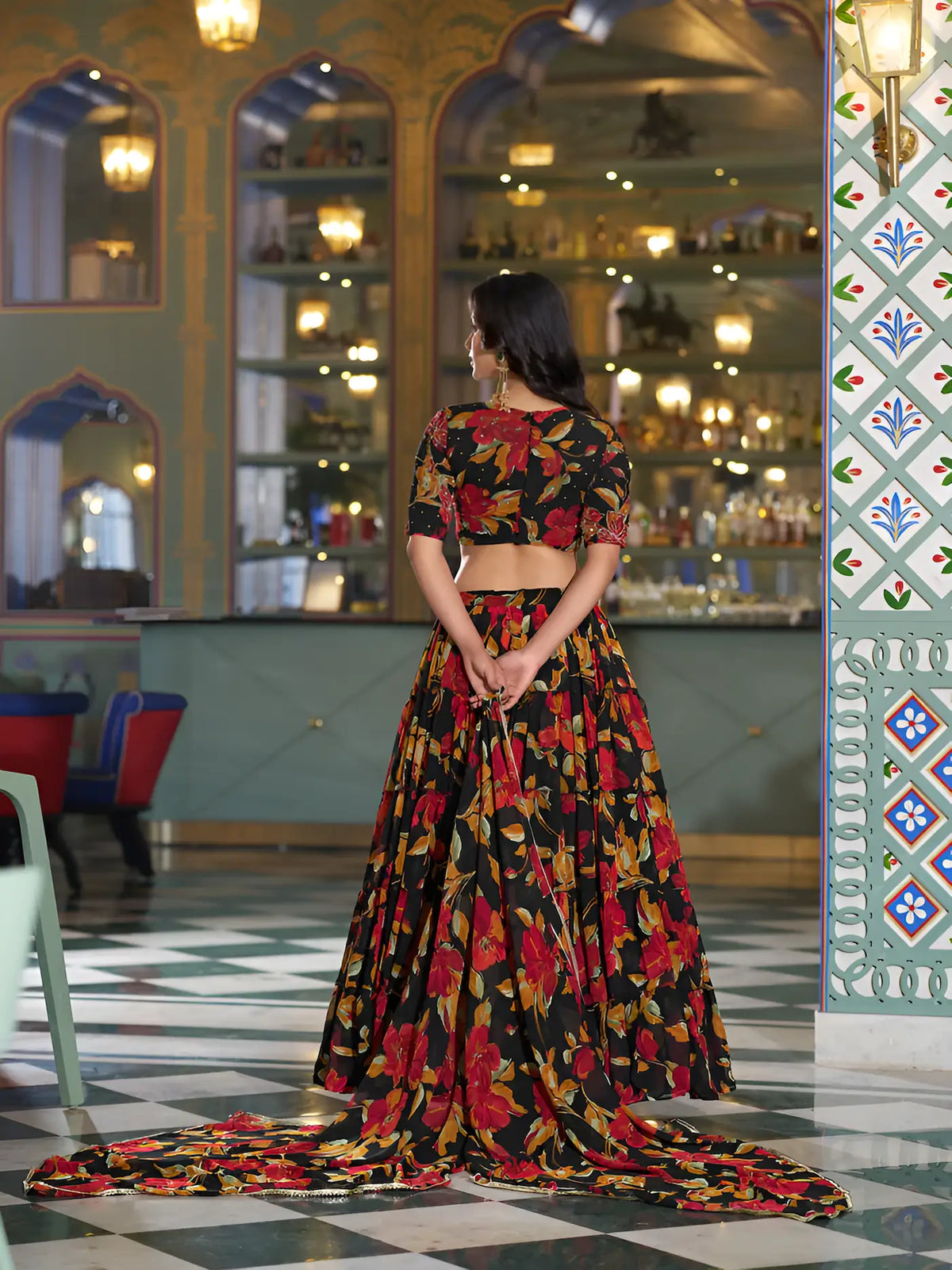 Smoky Black Floral Printed Lehenga Choli