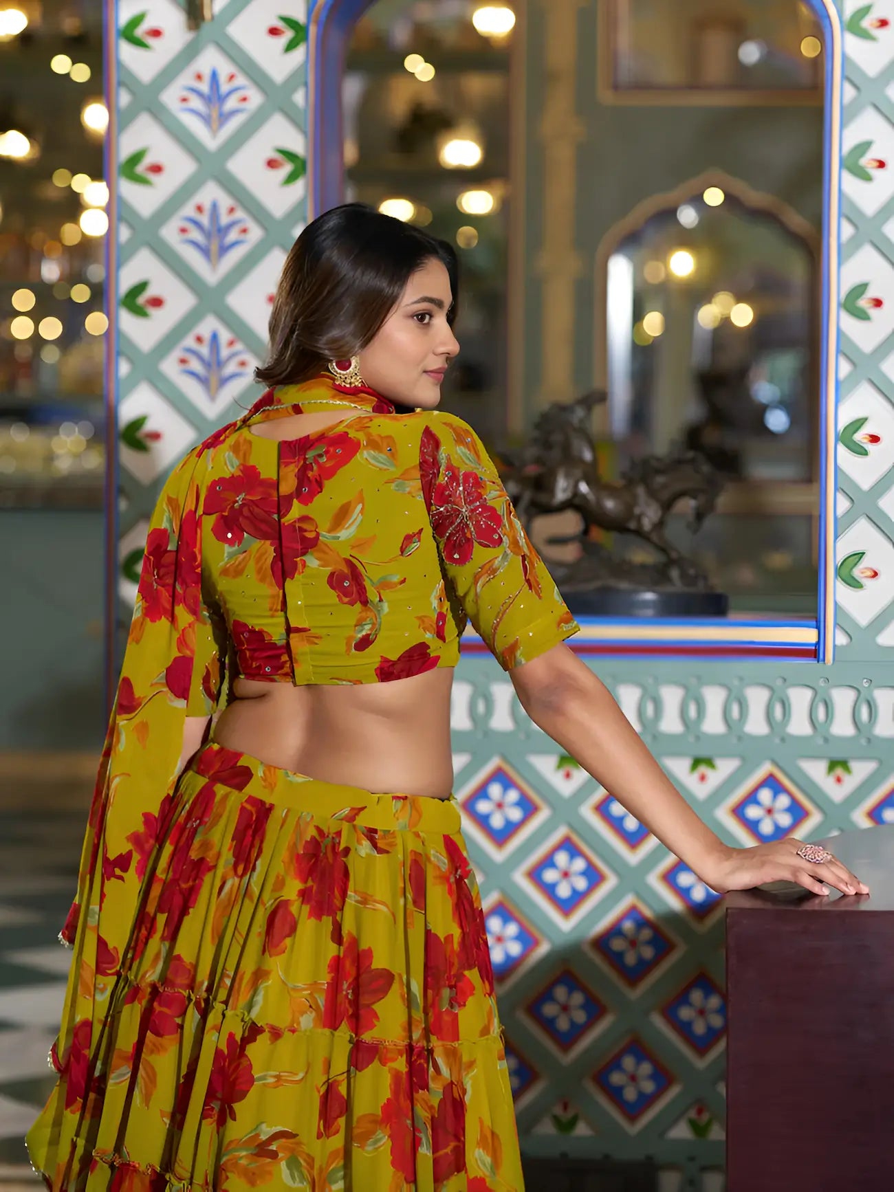 Olive Yellow Floral Printed Lehenga Choli