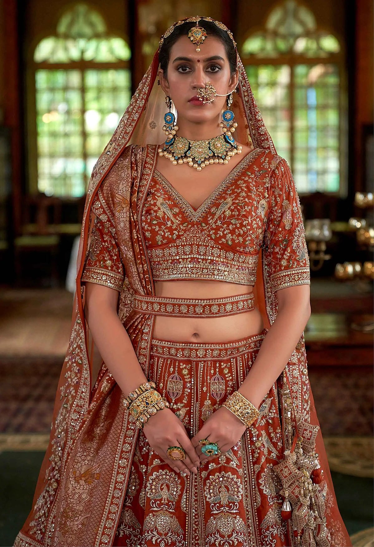 Orange Embroidery & Pearls Motifs Bridal Lehenga