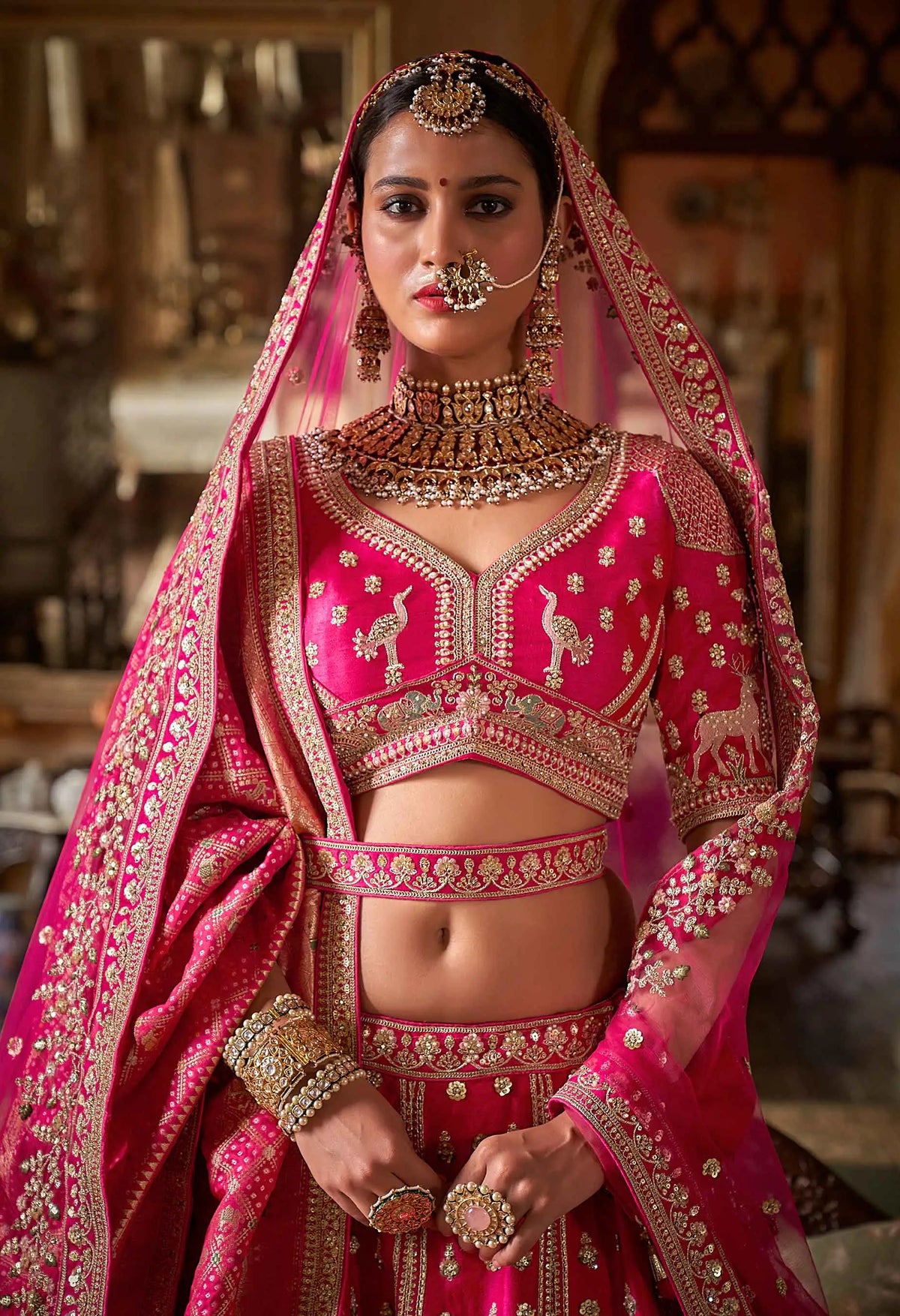 Pink Heavy Embroidery & Pearl Work Bridal Lehenga With 2 Dupatta