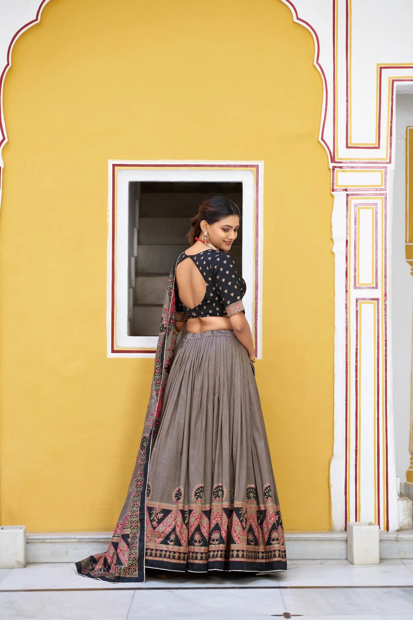 Black Tasar Silk Printed Lehenga Choli