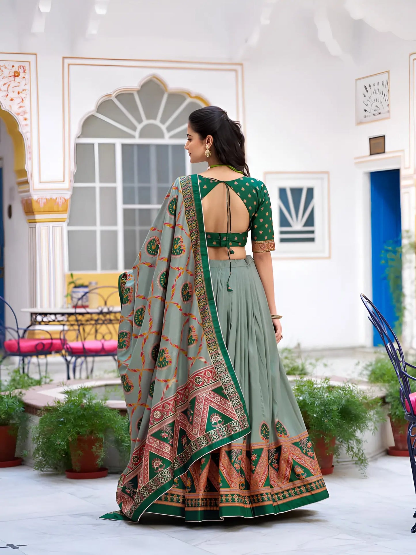 Green Tasar Silk Printed Lehenga Choli