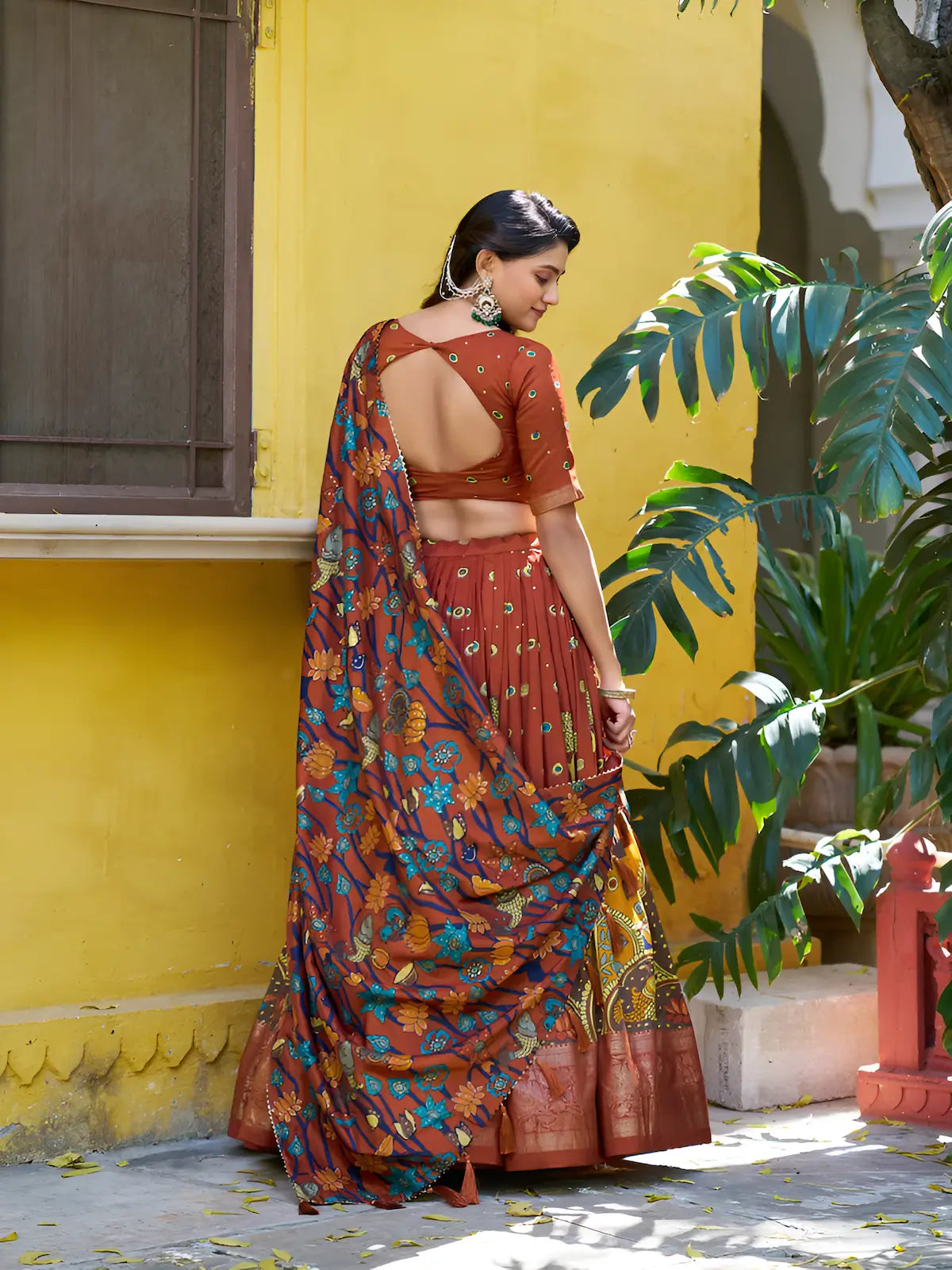 Rust Orange Tasar Silk Printed Lehenga Choli