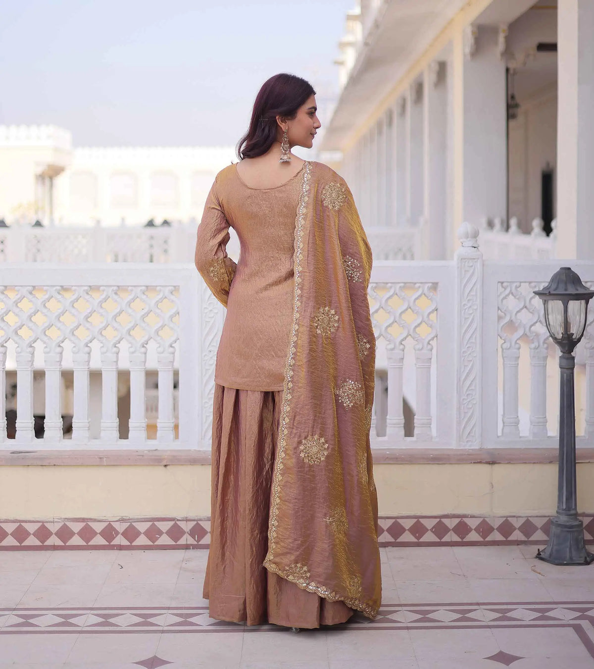 Rose Gold Zari Embroidery Sharara Suit