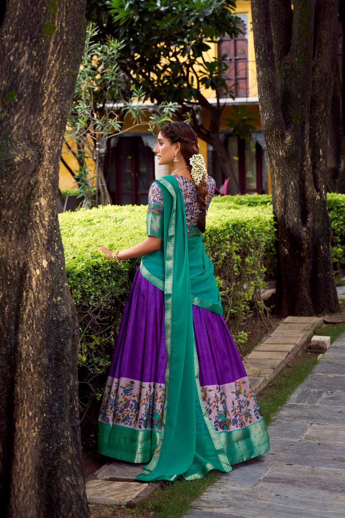 Indigo Purple Printed & Zari Weaving Silk Lehenga Choli