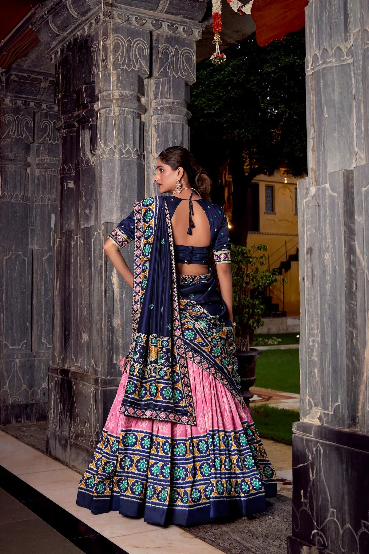 Light Pink Tussar Silk Ikkat Printed Lehenga Choli