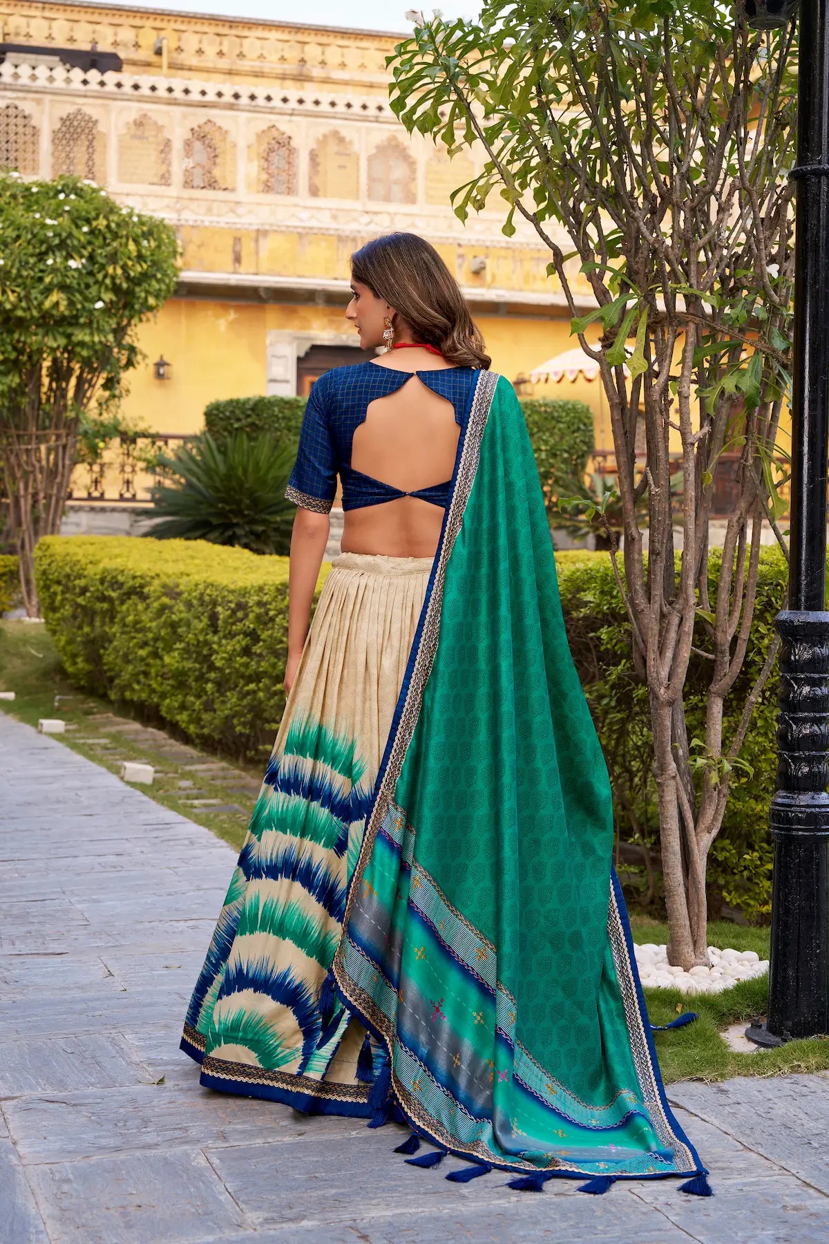 Navy Blue Tasar Silk Printed Lehenga Choli