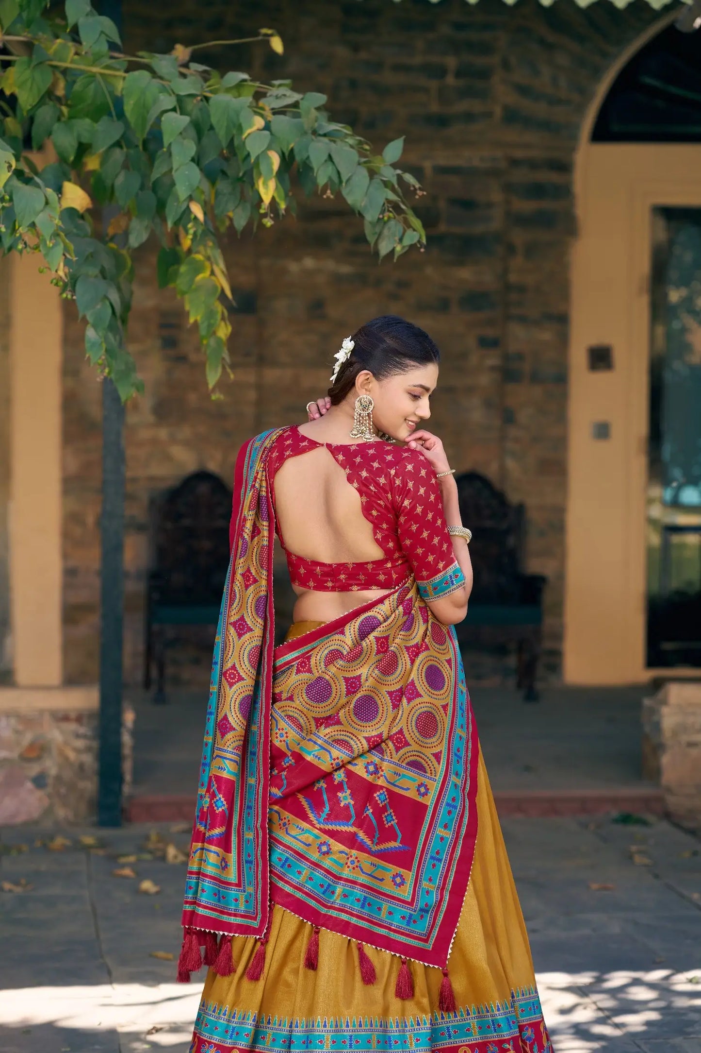 Mustard Tasar Silk Printed Lehenga Choli