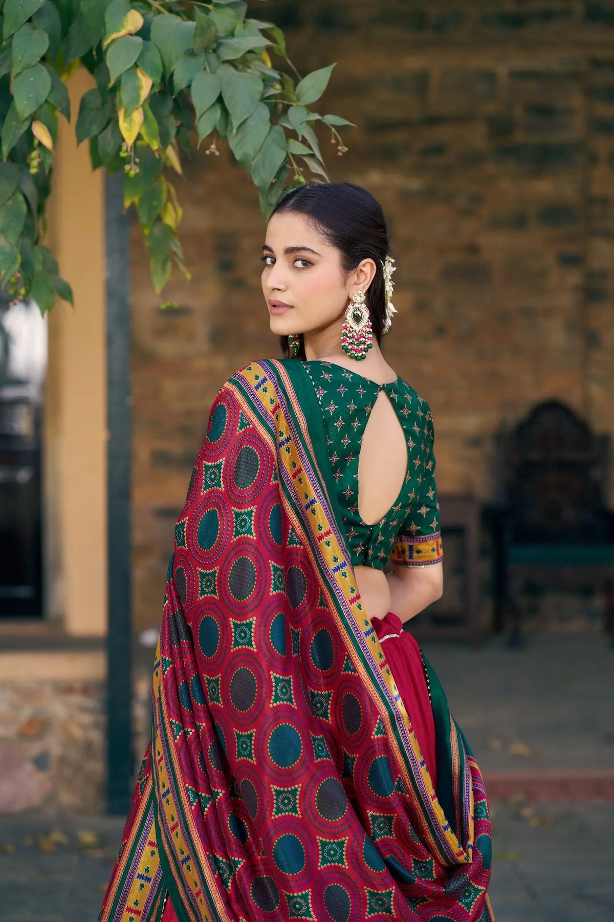 Brick Red Tasar Silk Printed Lehenga Choli