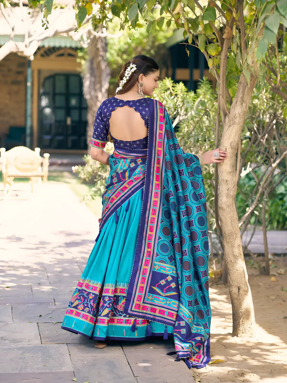 Sea Blue Tasar Silk Printed Lehenga Choli