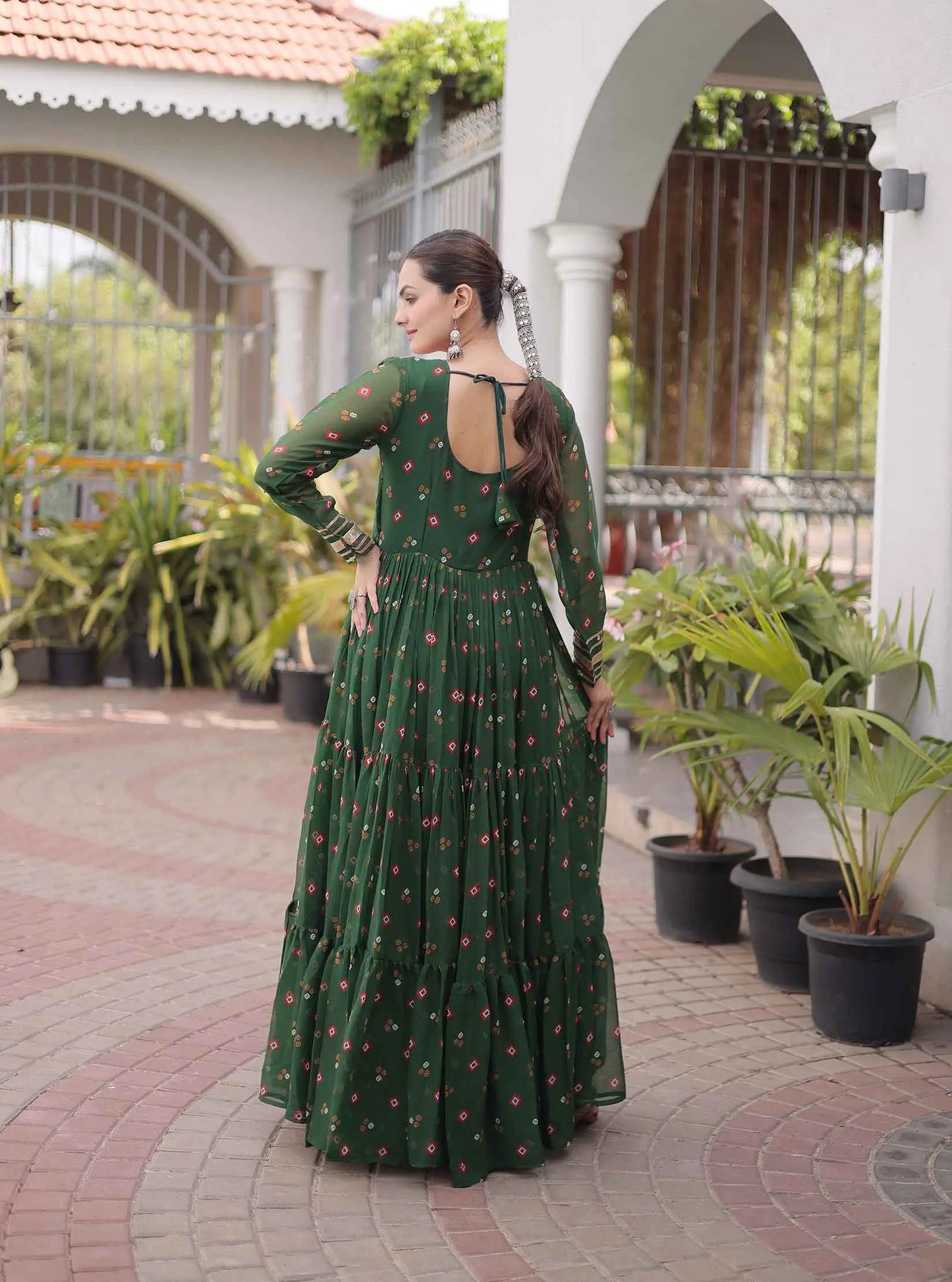 Green Georgette Kutchi Work Navratri Gown