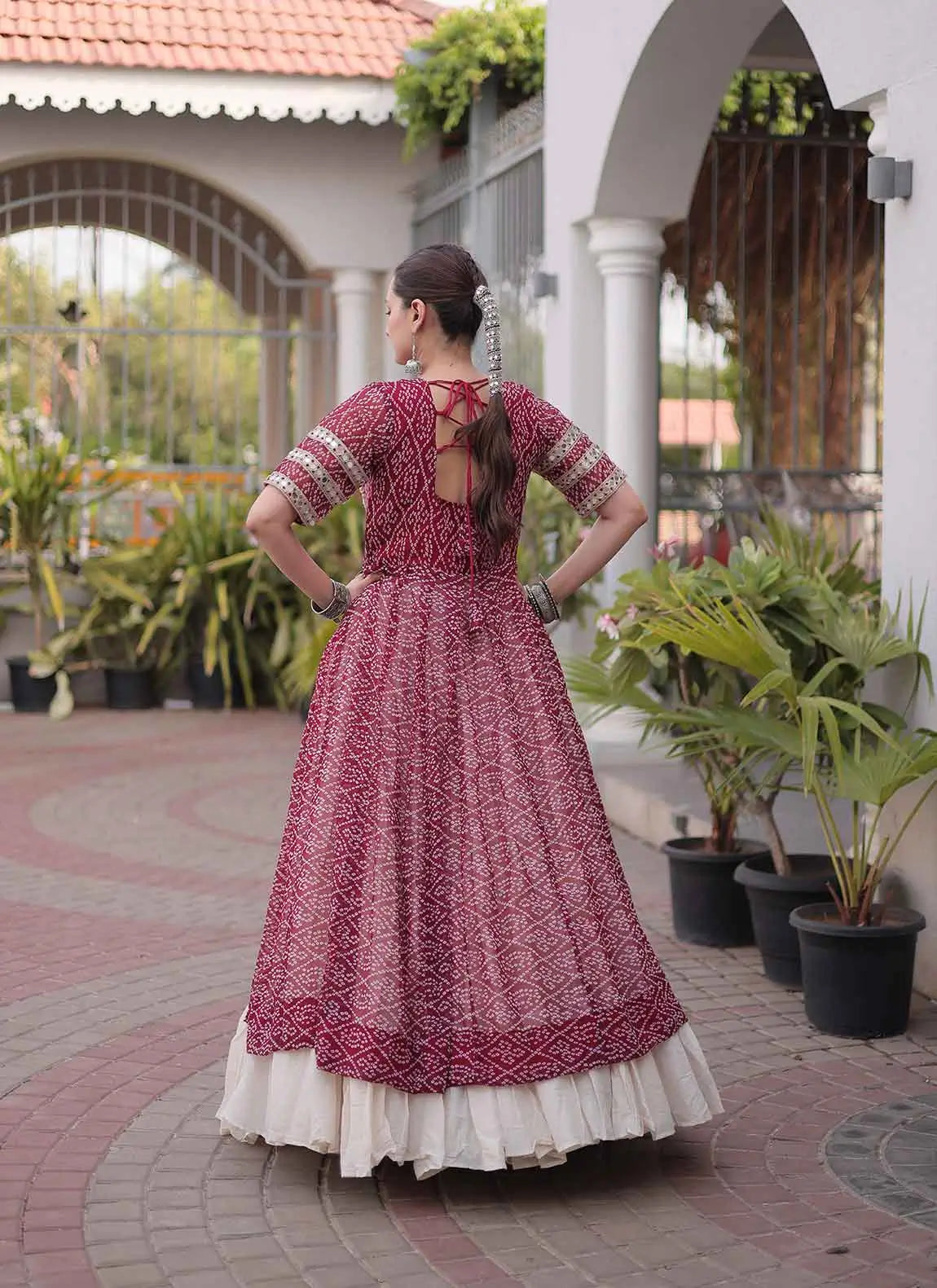 Maroon Bandhani Print Kurti Lehenga For Navratri