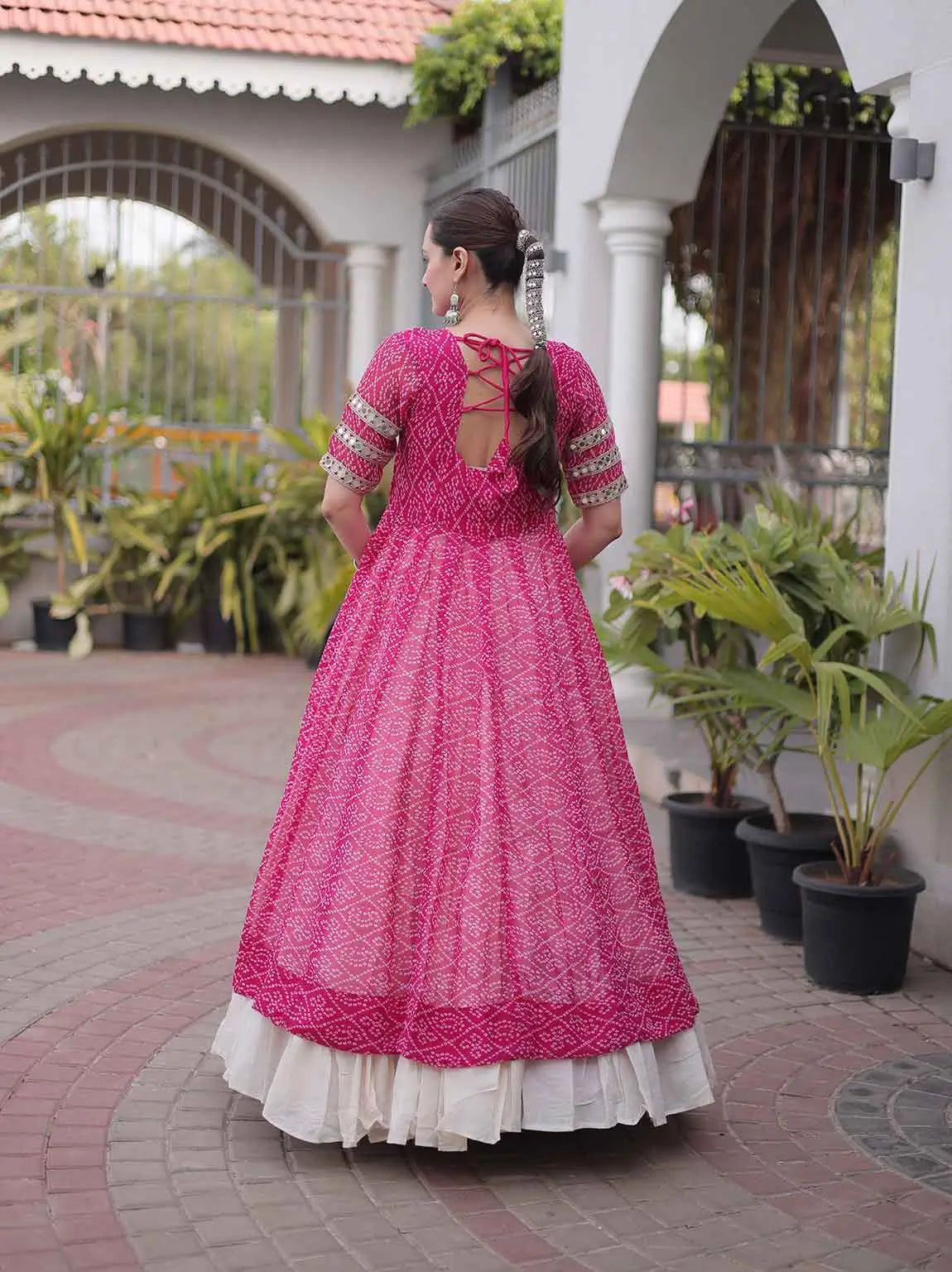 Pink Bandhani Print Kurti Lehenga For Navratri