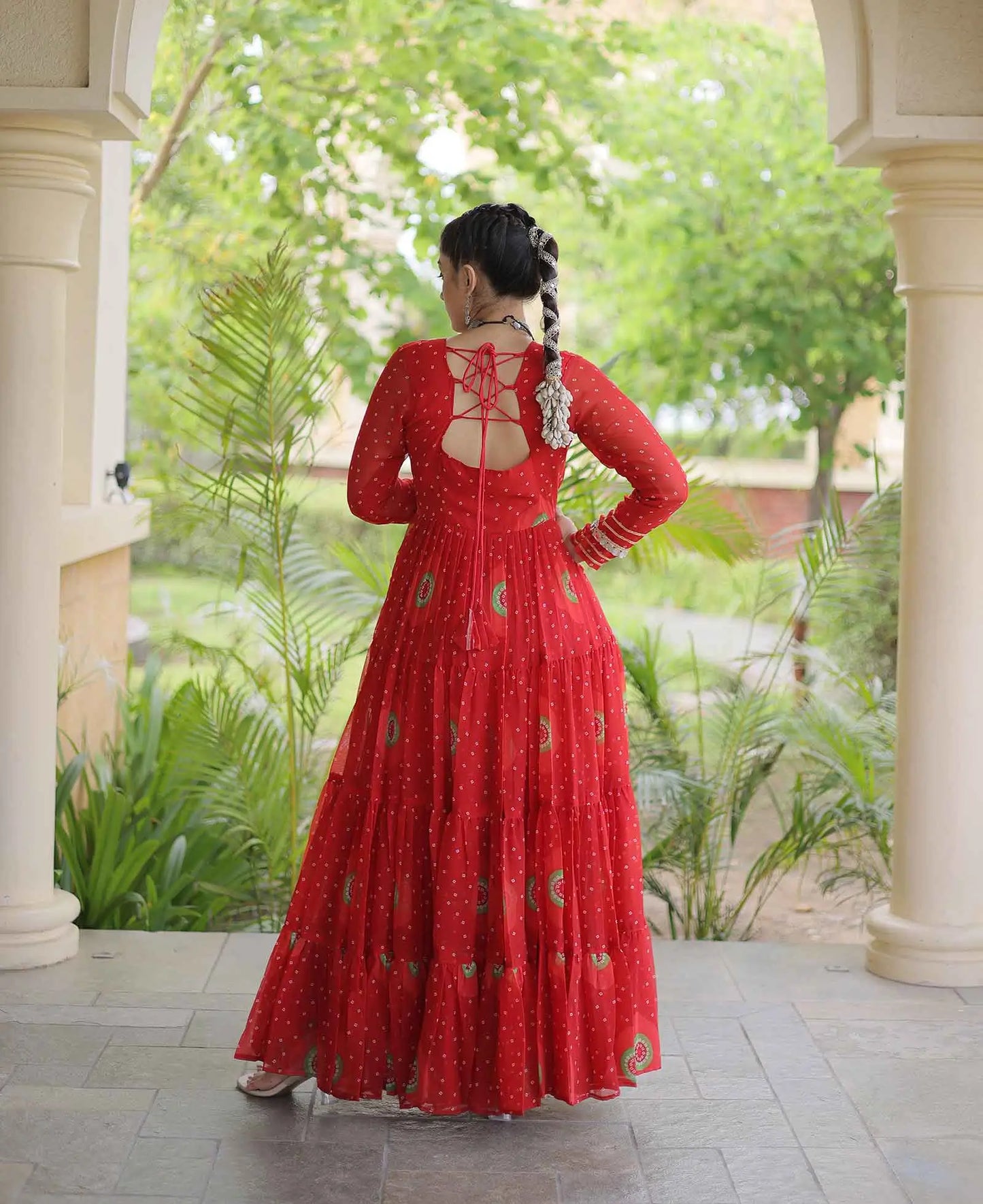 Red Bandhani Print Kutchi Work Gown