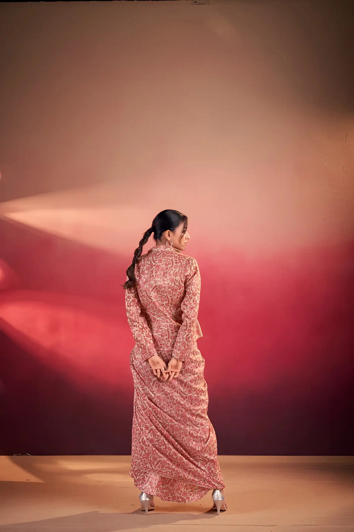 Peach Tasar Silk Stylish Indo-Western
