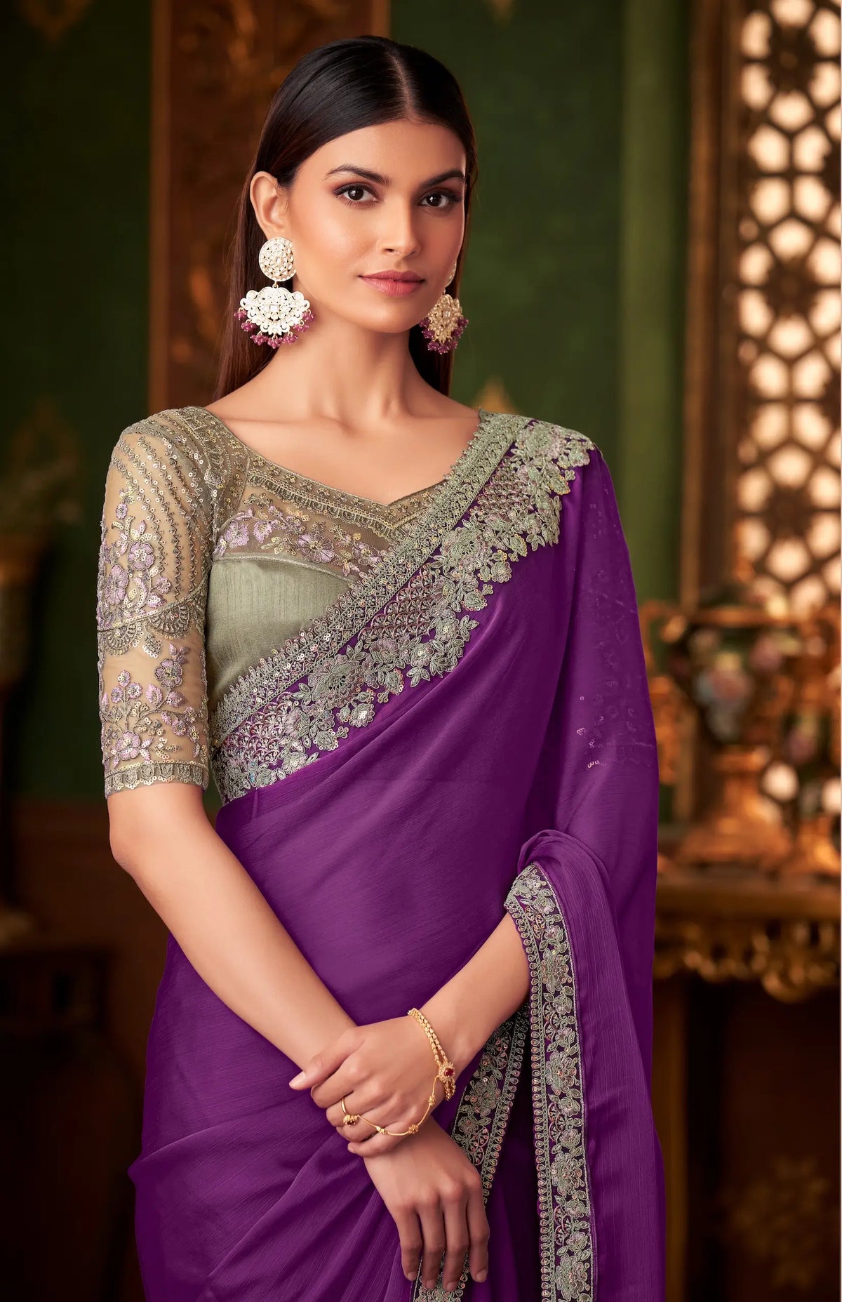 Dark Purple Chiffon Party Wear Saree With Thread & Sequence Embroidery Work