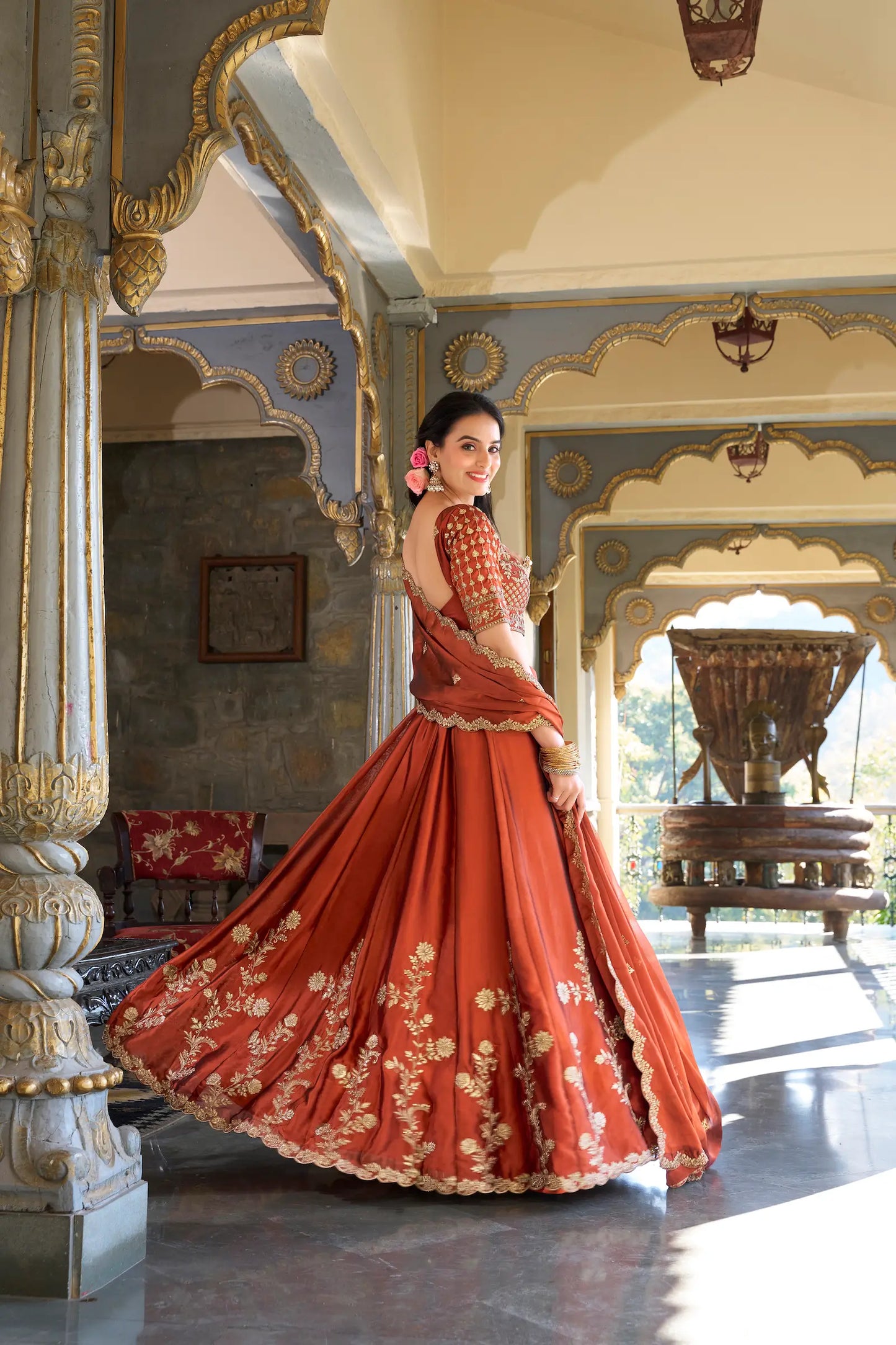 Rust Orange Embroidered Lehenga Choli