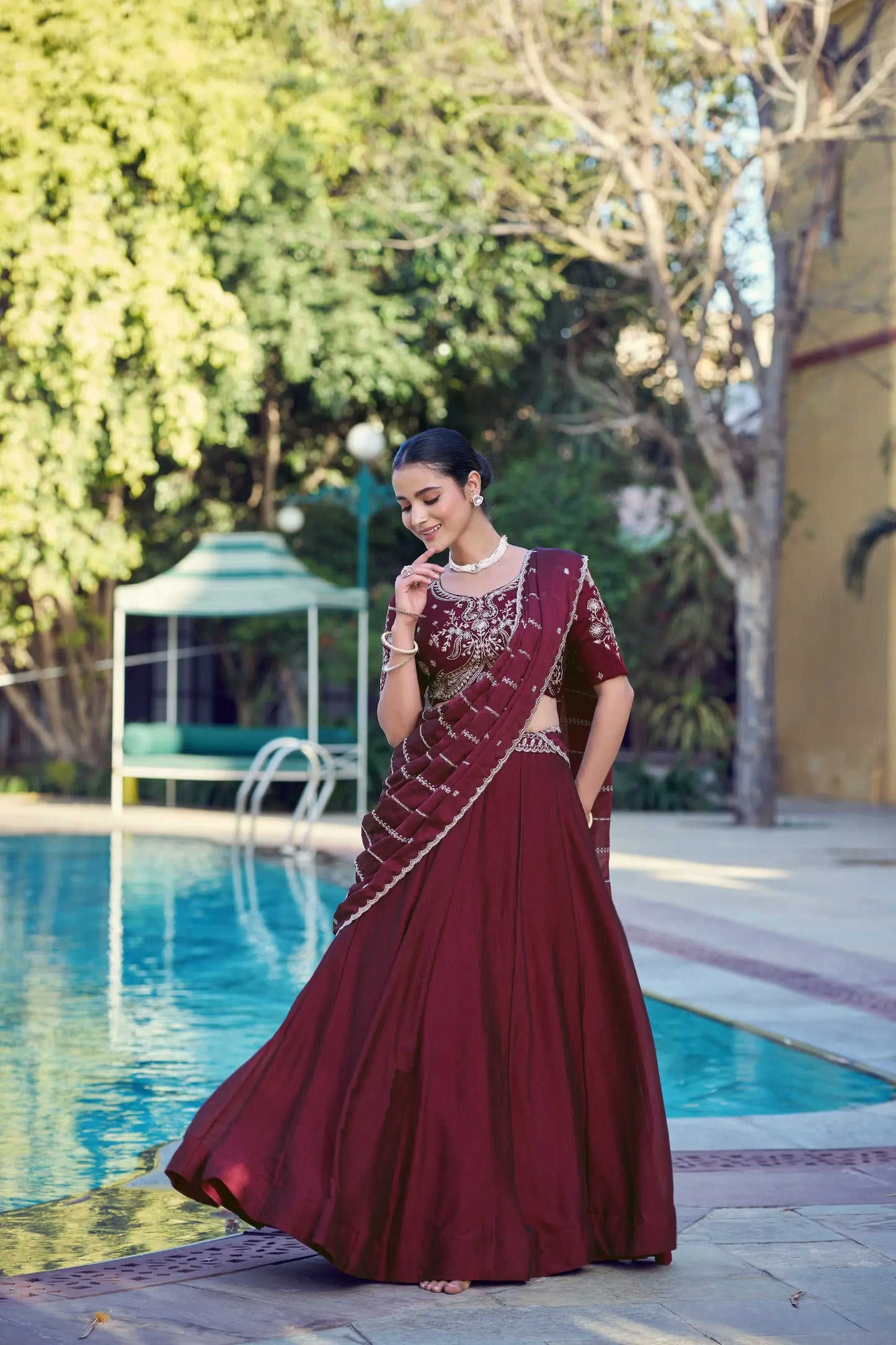 Glossy Maroon Crush Embroidered Lehenga