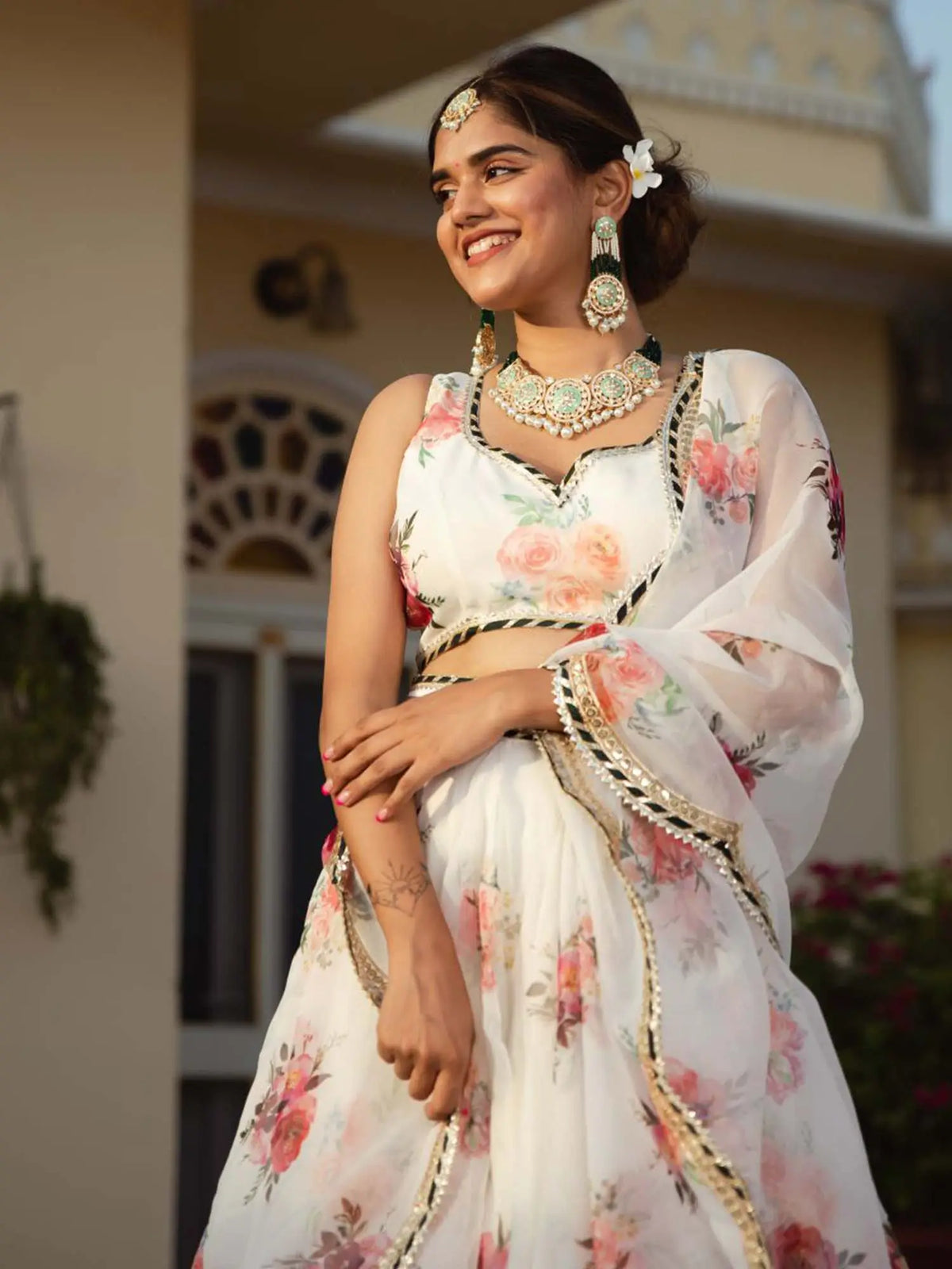 White Organza Lehenga With Floral Digital Print And Embroidery Work