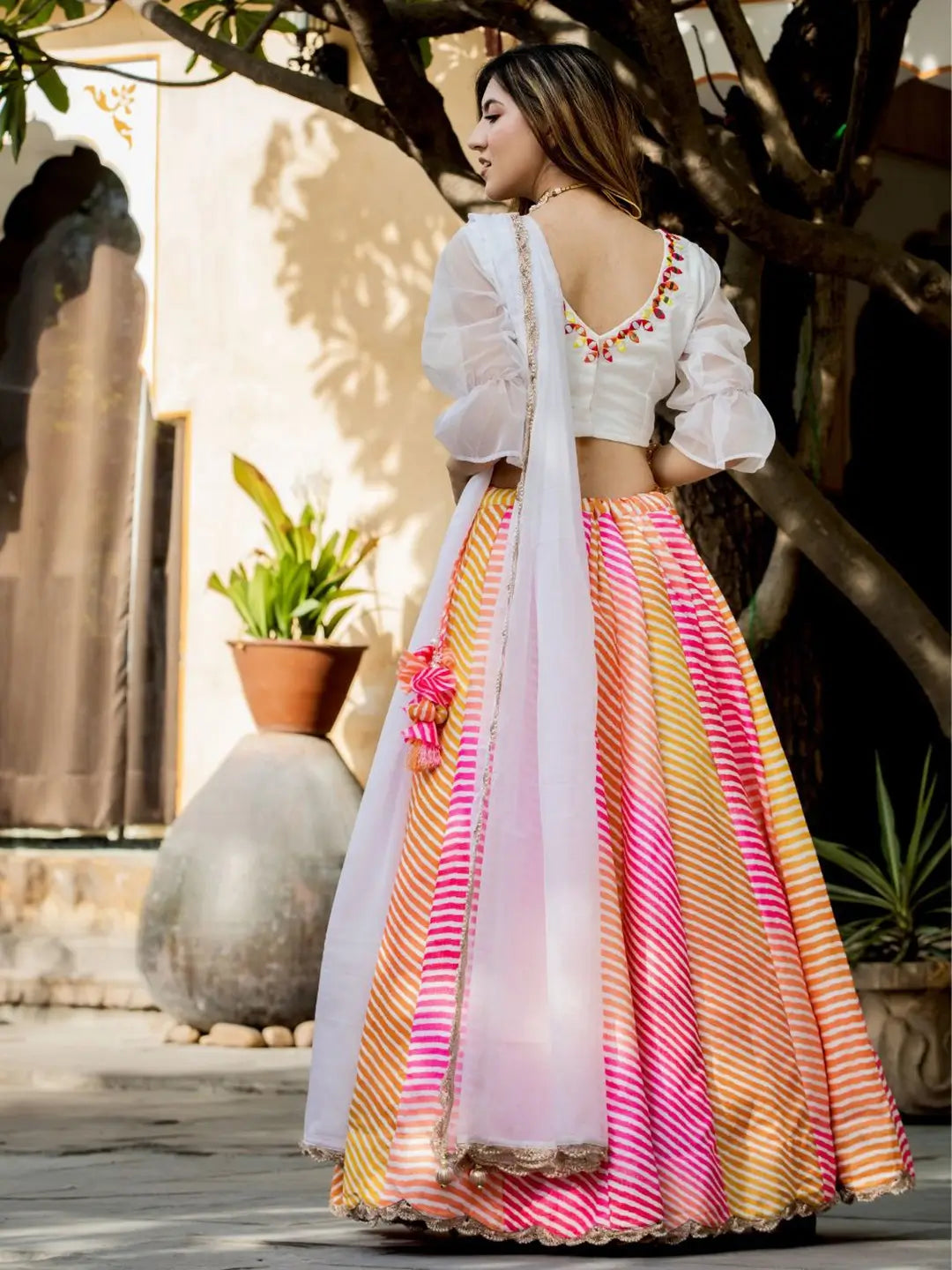 Multi color Organza Lehenga Digital Print With Pearl And Real Mirror Work Blouse