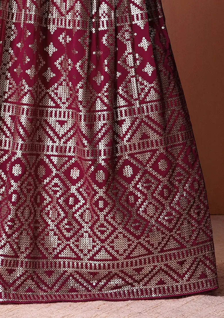 Dark Pink Georgette Lehenga With Sequins And Thread Embroidery Work