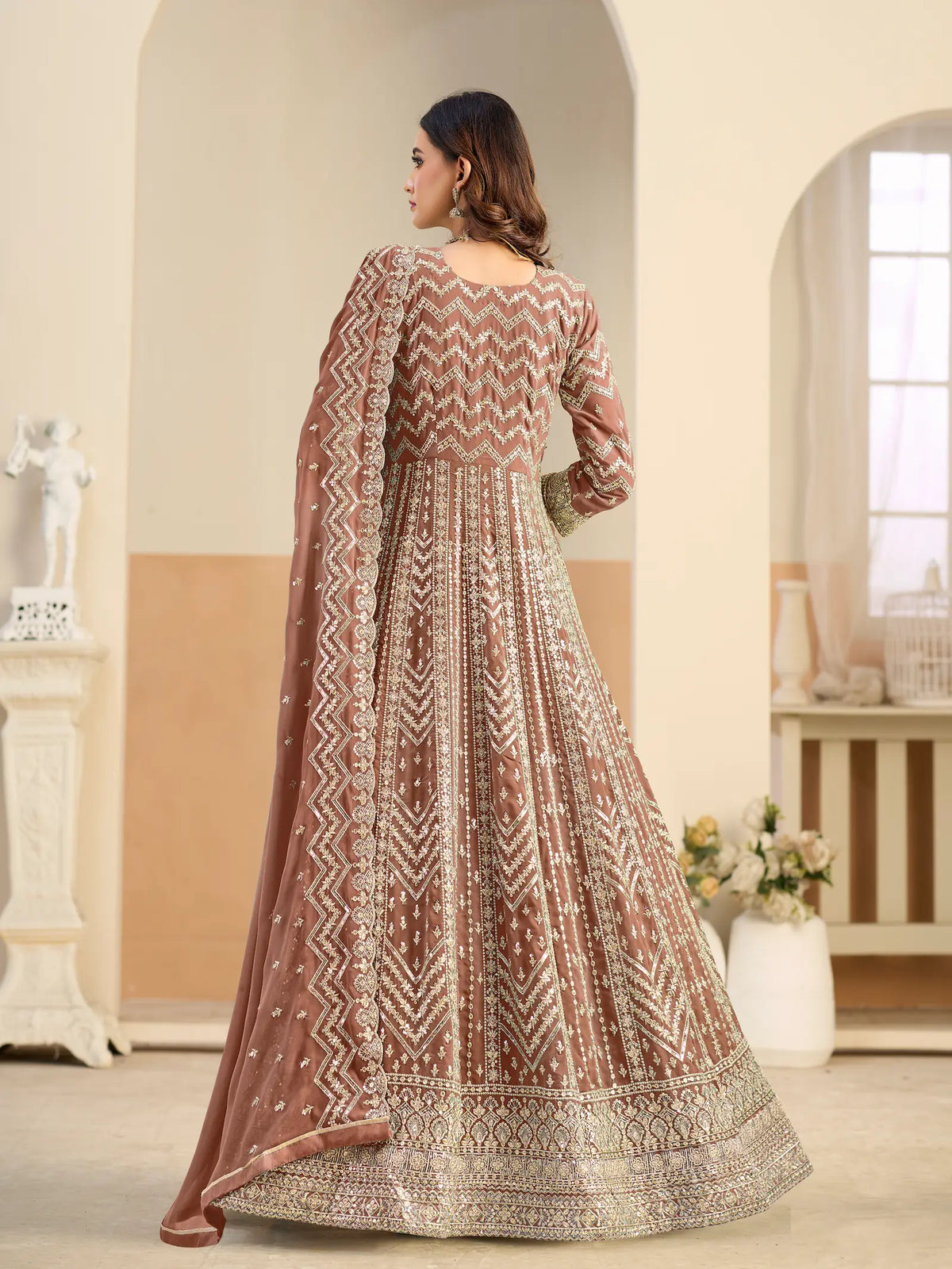 Rust Brown Georgette Embroidery Gown
