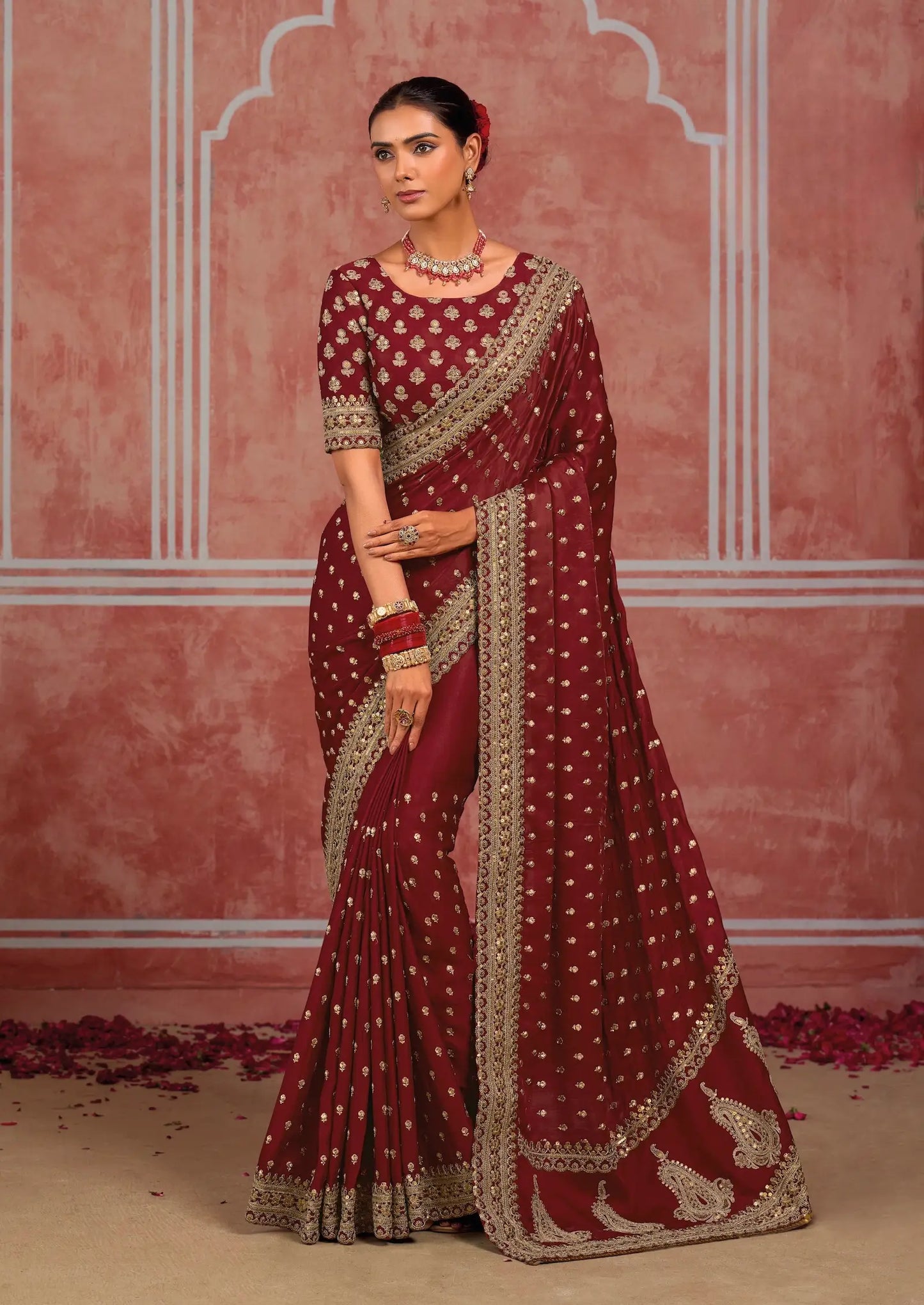 Rich Maroon Silk Heavy Embroidery Saree