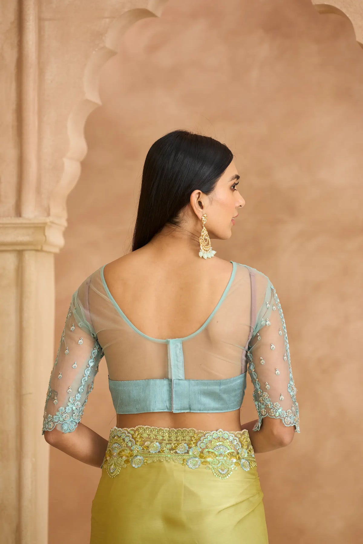 Lime Green Chiffon Embroidery Saree