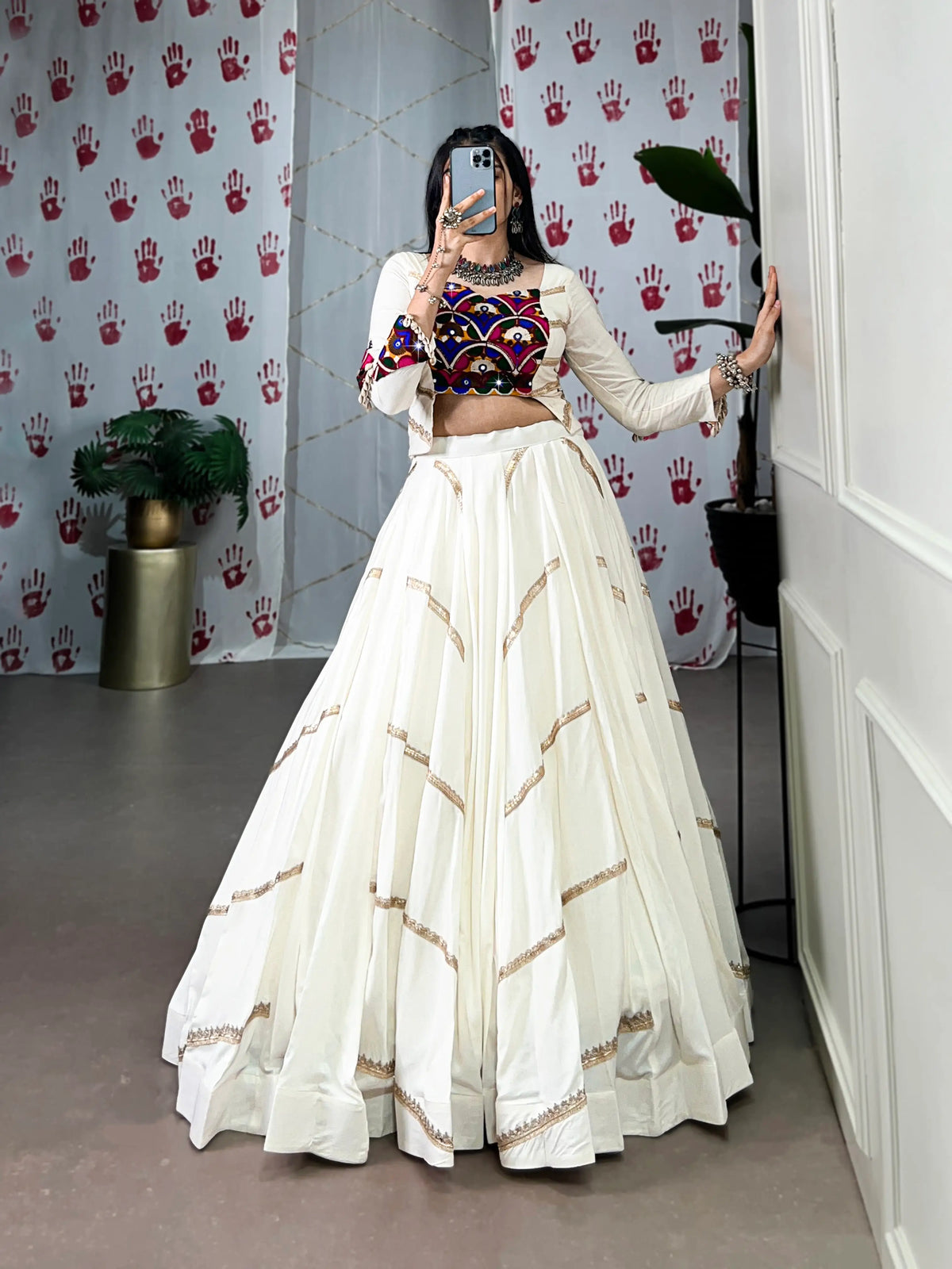 White Navratri Chaniya Choli With Mirror Gamthi Work