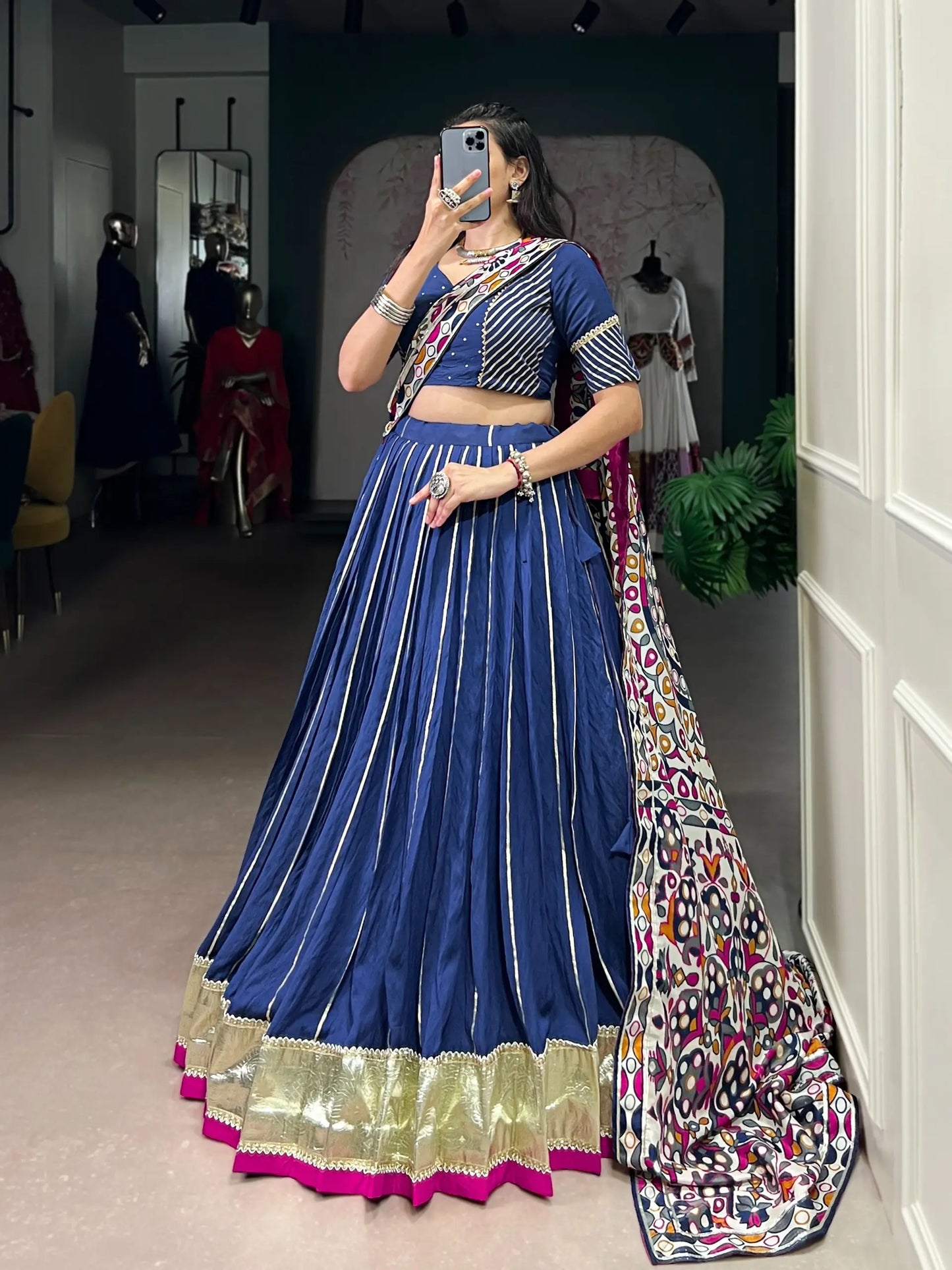 Dark Blue Navratri Lehenga Choli With Lace Touch Up