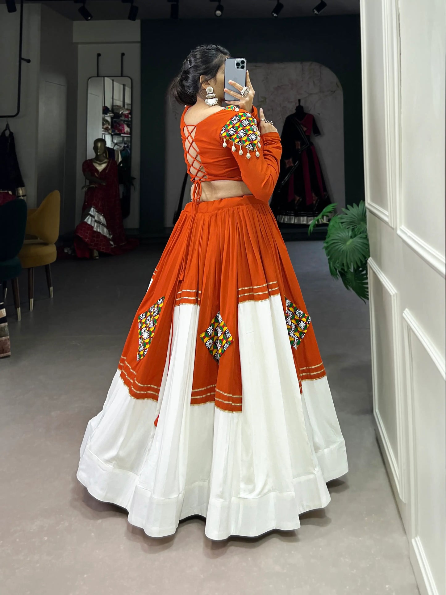 Orange-White Rayon Gamthi Work Navratri Lehenga Choli