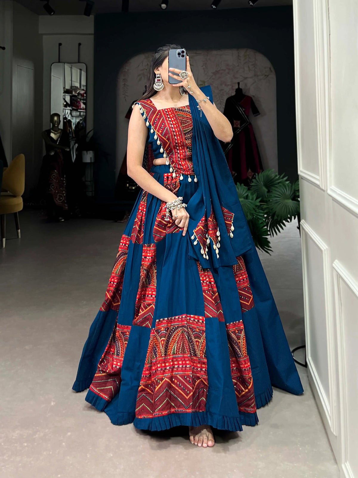 Designer Royal Blue Print And Foil Work Navratri Chaniya Choli With Dupatta