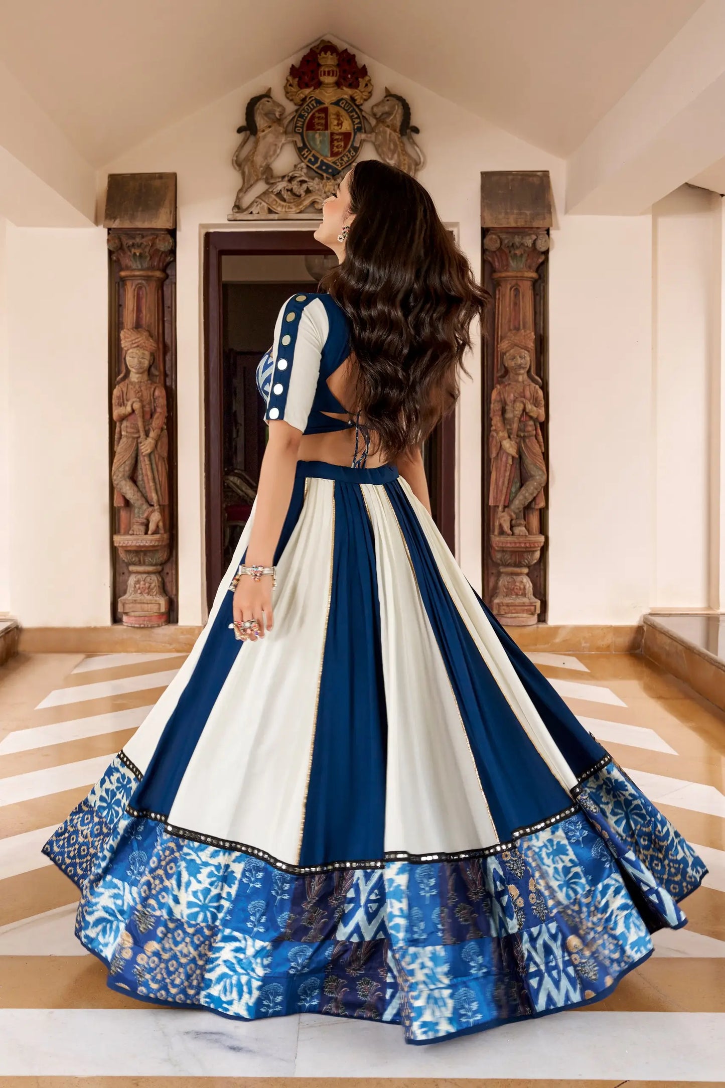 Blue Rayon Navratri Lehenga Choli With Print & Mirror Work